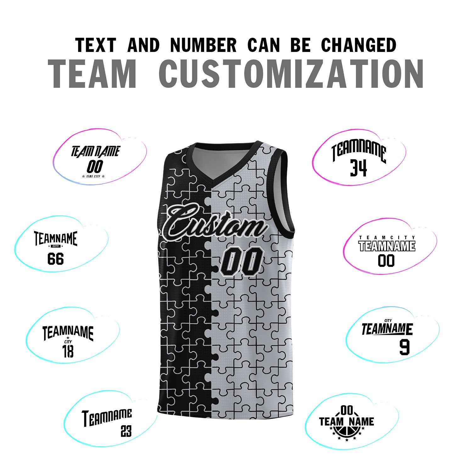Custom Black Gray Splid Basketball Kits With Puzzle Pattern