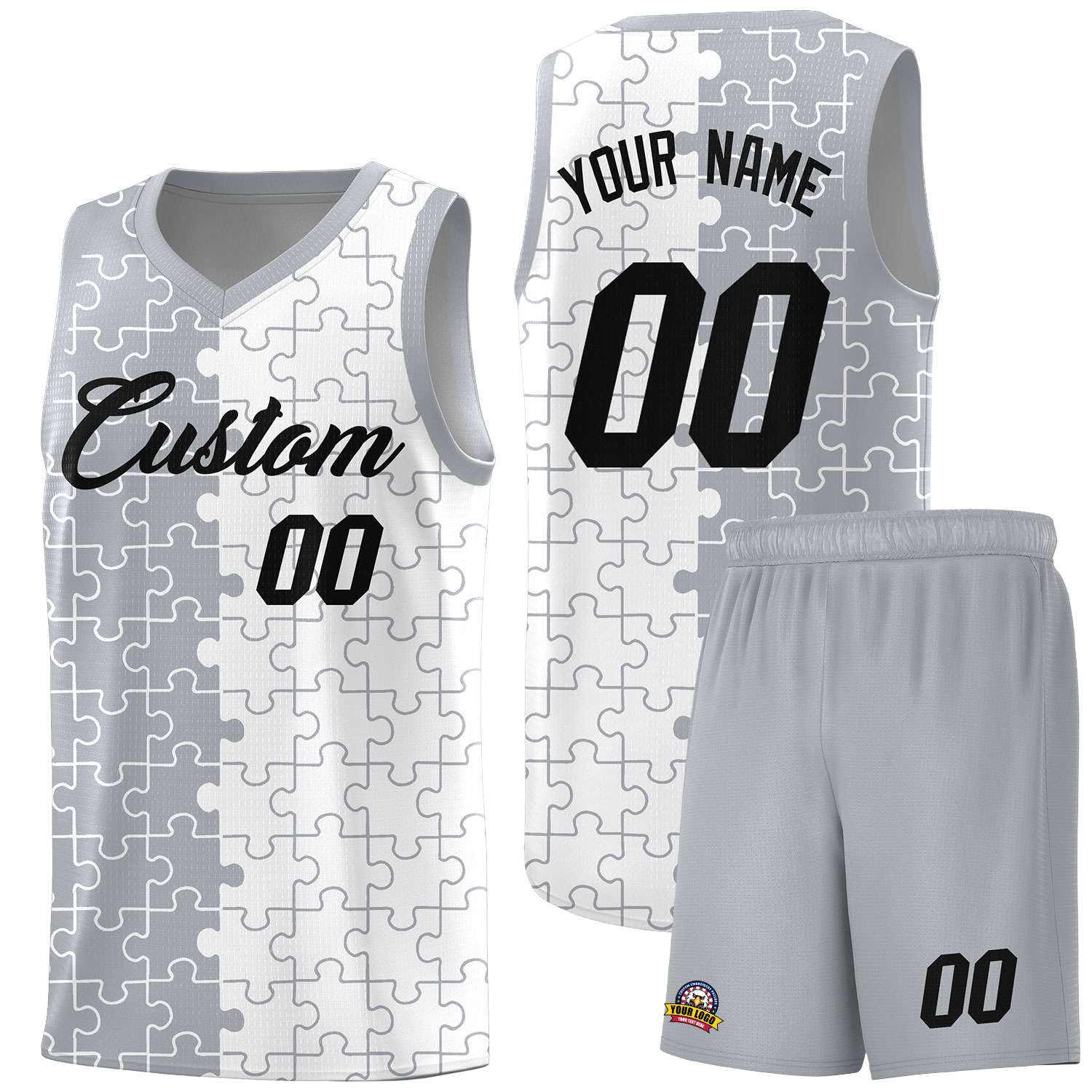 Custom Gray White Splid Basketball Kits With Puzzle Pattern