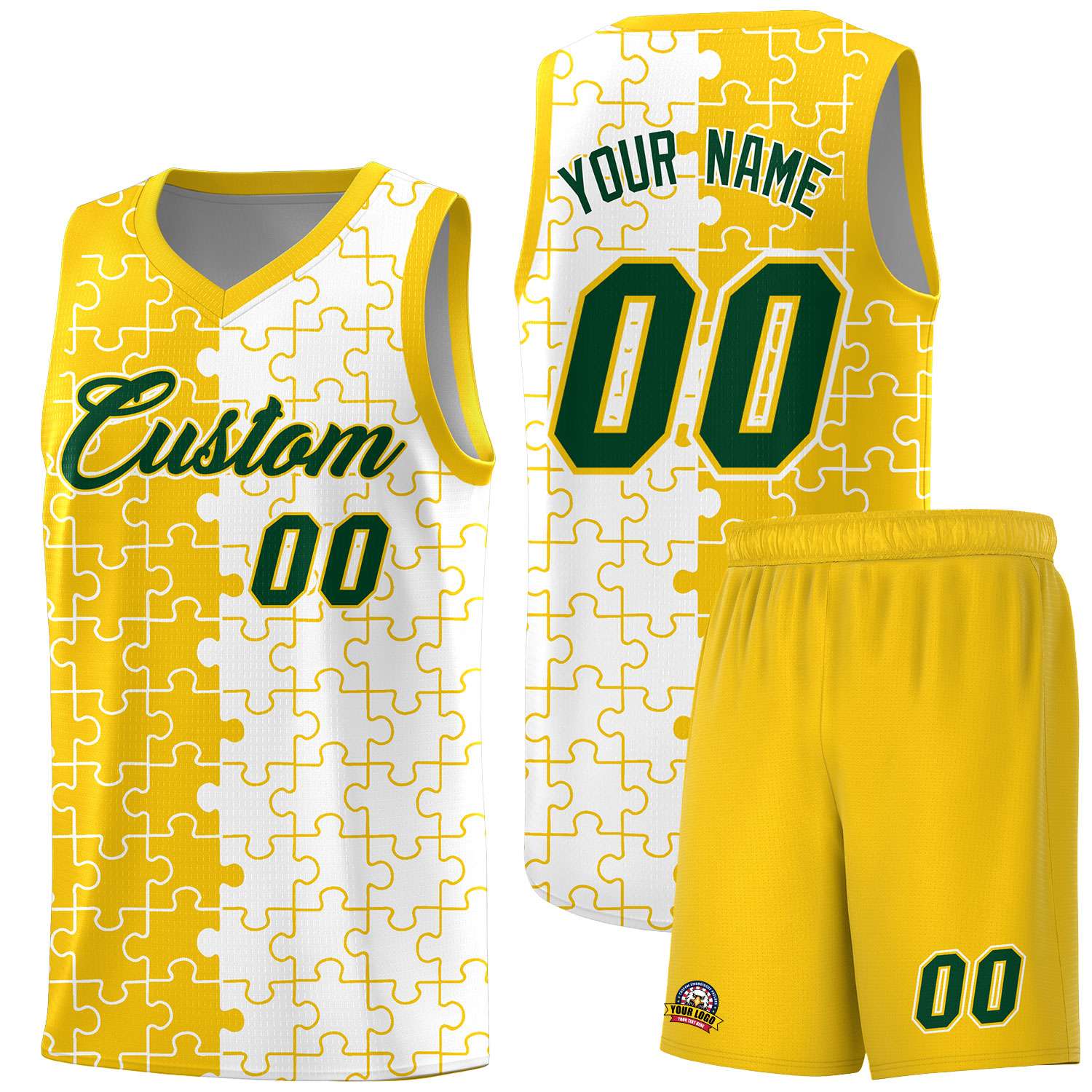 Custom Gold White Splid Basketball Kits With Puzzle Pattern