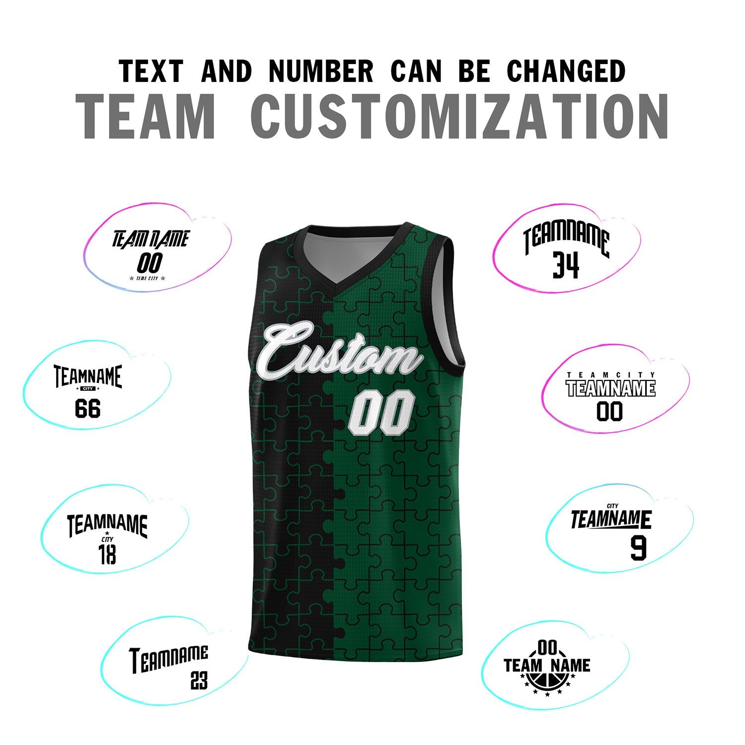 Custom Black Green Splid Basketball Kits With Puzzle Pattern