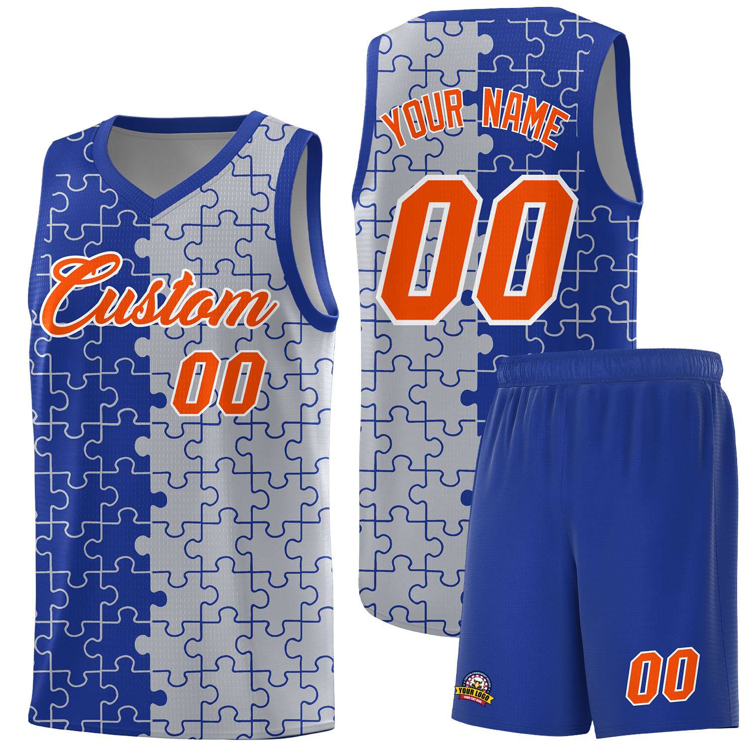 Custom Royal Gray Splid Basketball Kits With Puzzle Pattern