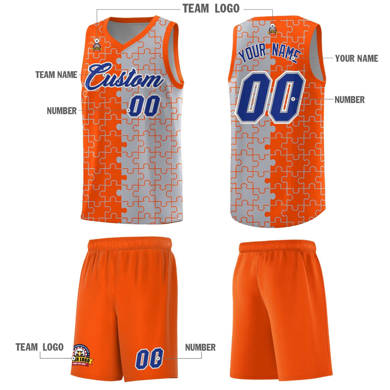 Custom Orange Gray Splid Basketball Kits With Puzzle Pattern