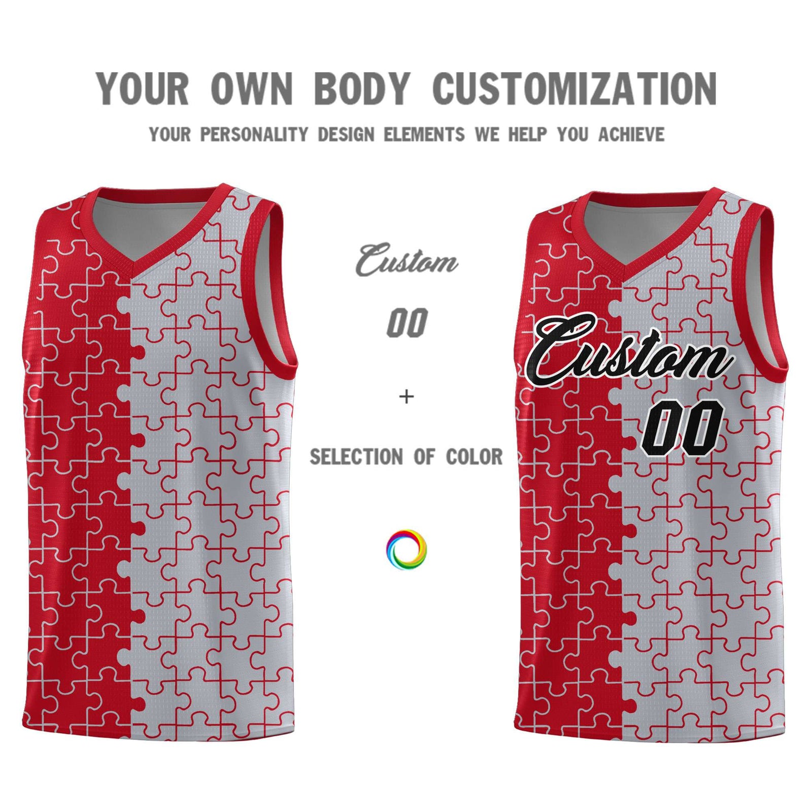 Custom Red Gray Splid Basketball Kits With Puzzle Pattern