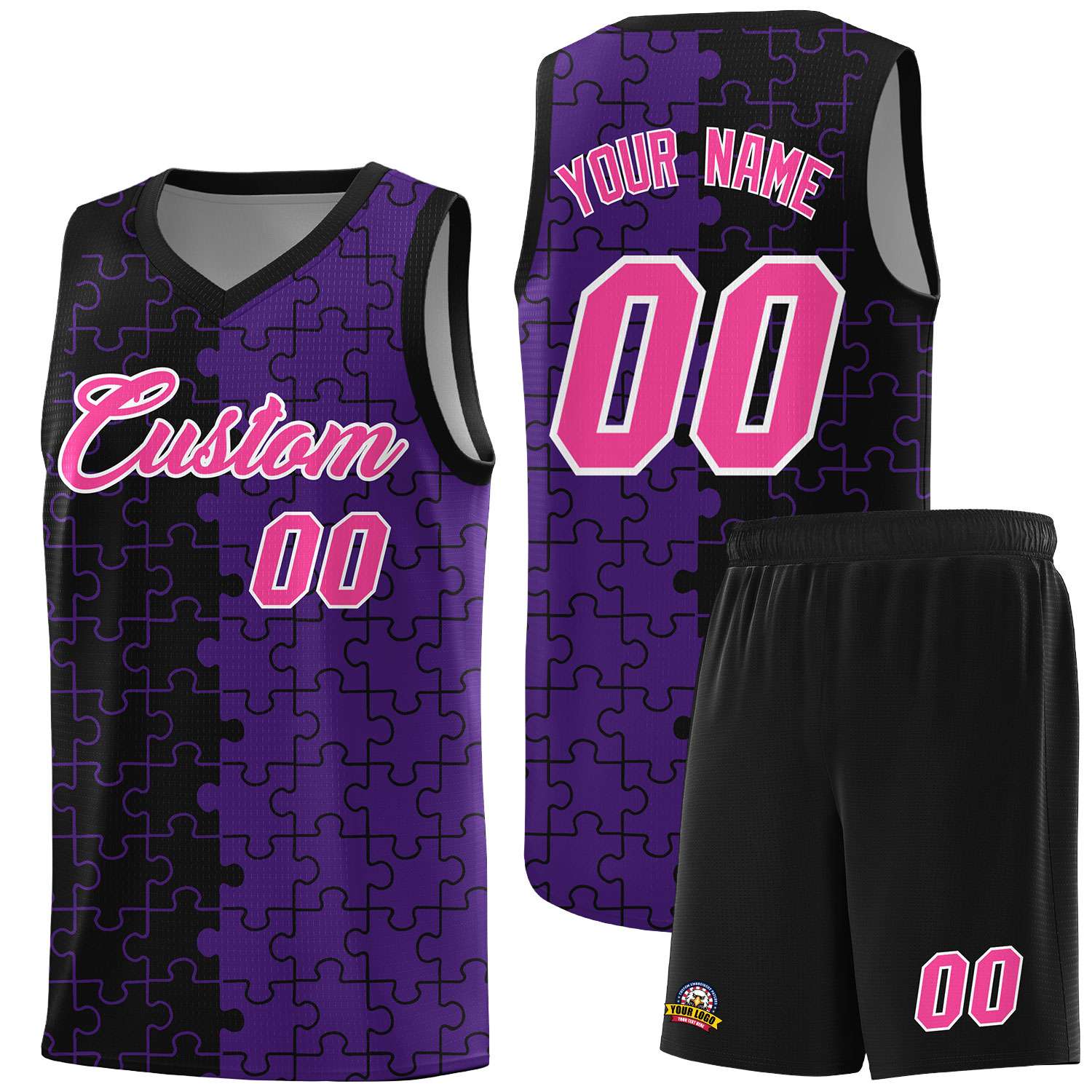 Custom Black Purple Splid Basketball Kits With Puzzle Pattern