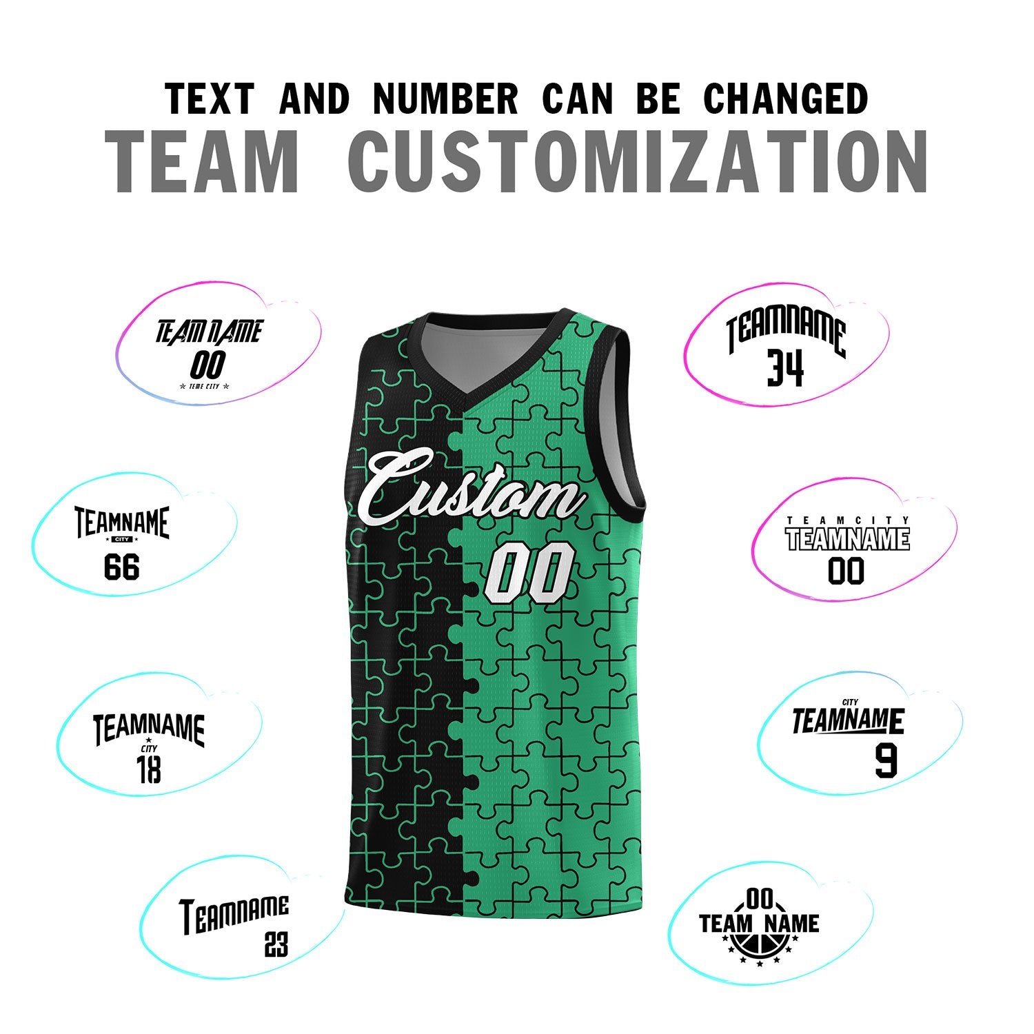 Custom Black Green Splid Basketball Kits With Puzzle Pattern