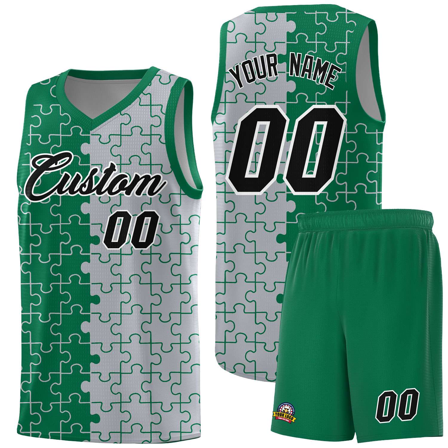 Custom Kelly Green Gray Splid Basketball Kits With Puzzle Pattern