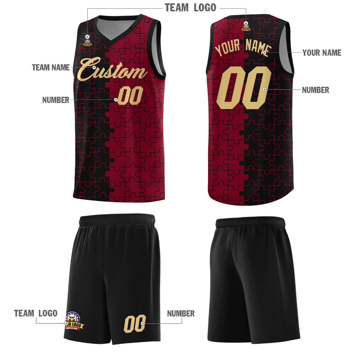 Custom Black Crimson Splid Basketball Kits With Puzzle Pattern