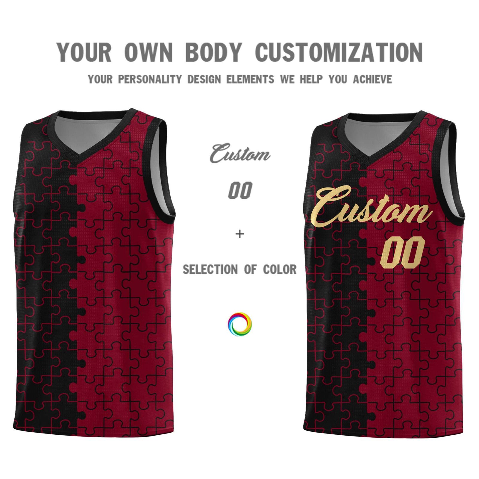Custom Black Crimson Splid Basketball Kits With Puzzle Pattern