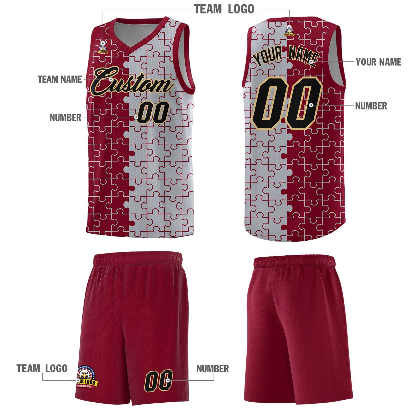 Custom Crimson Gray Splid Basketball Kits With Puzzle Pattern