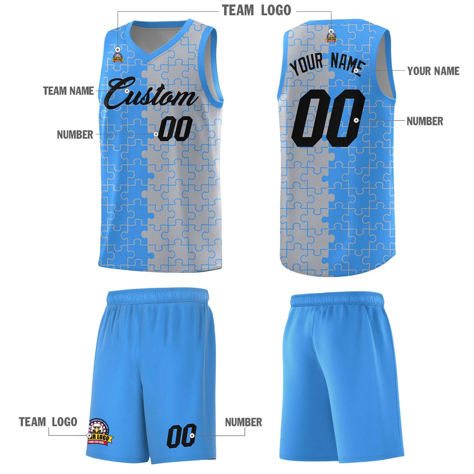 Custom Light Blue Gray Splid Basketball Kits With Puzzle Pattern