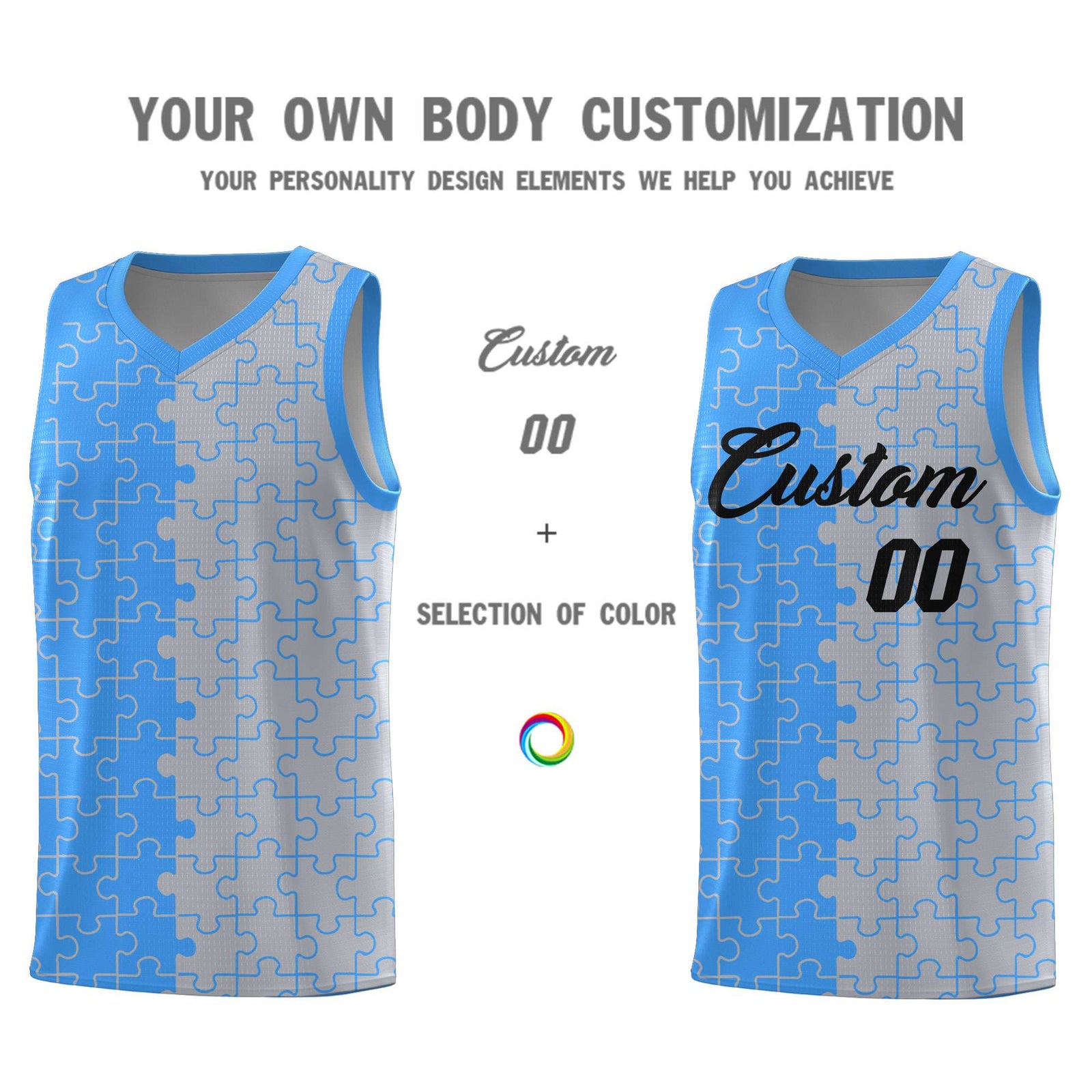 Custom Light Blue Gray Splid Basketball Kits With Puzzle Pattern