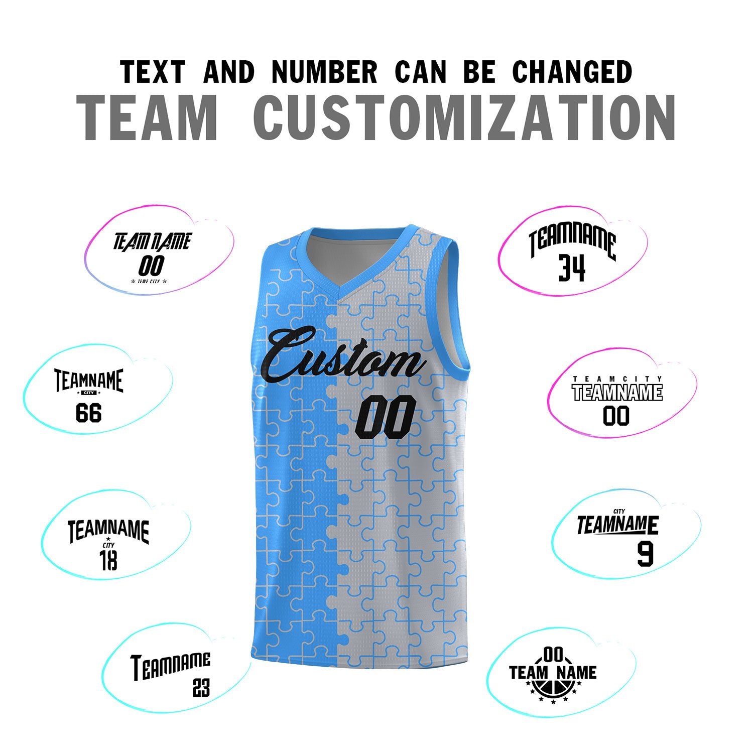 Custom Light Blue Gray Splid Basketball Kits With Puzzle Pattern