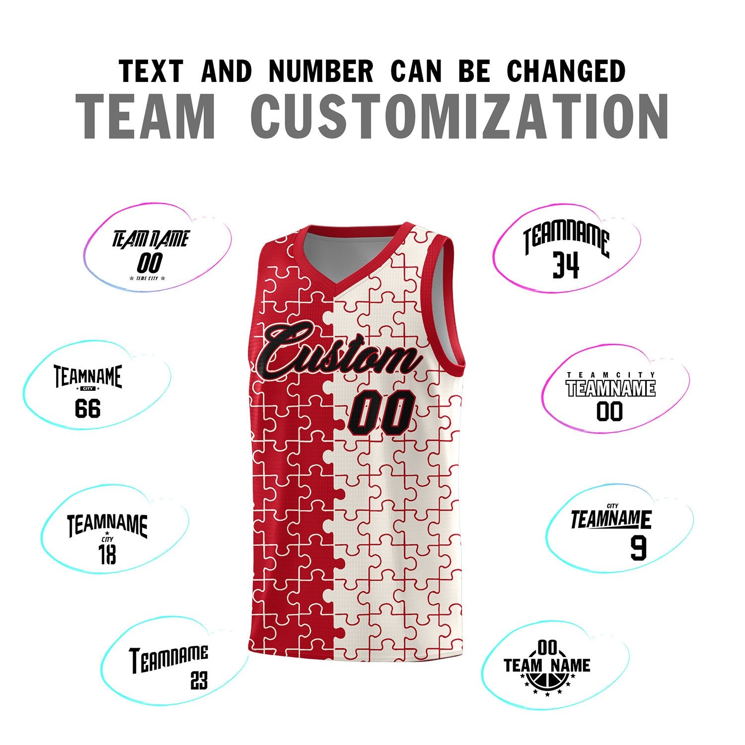 Custom Red Cream Splid Basketball Kits With Puzzle Pattern