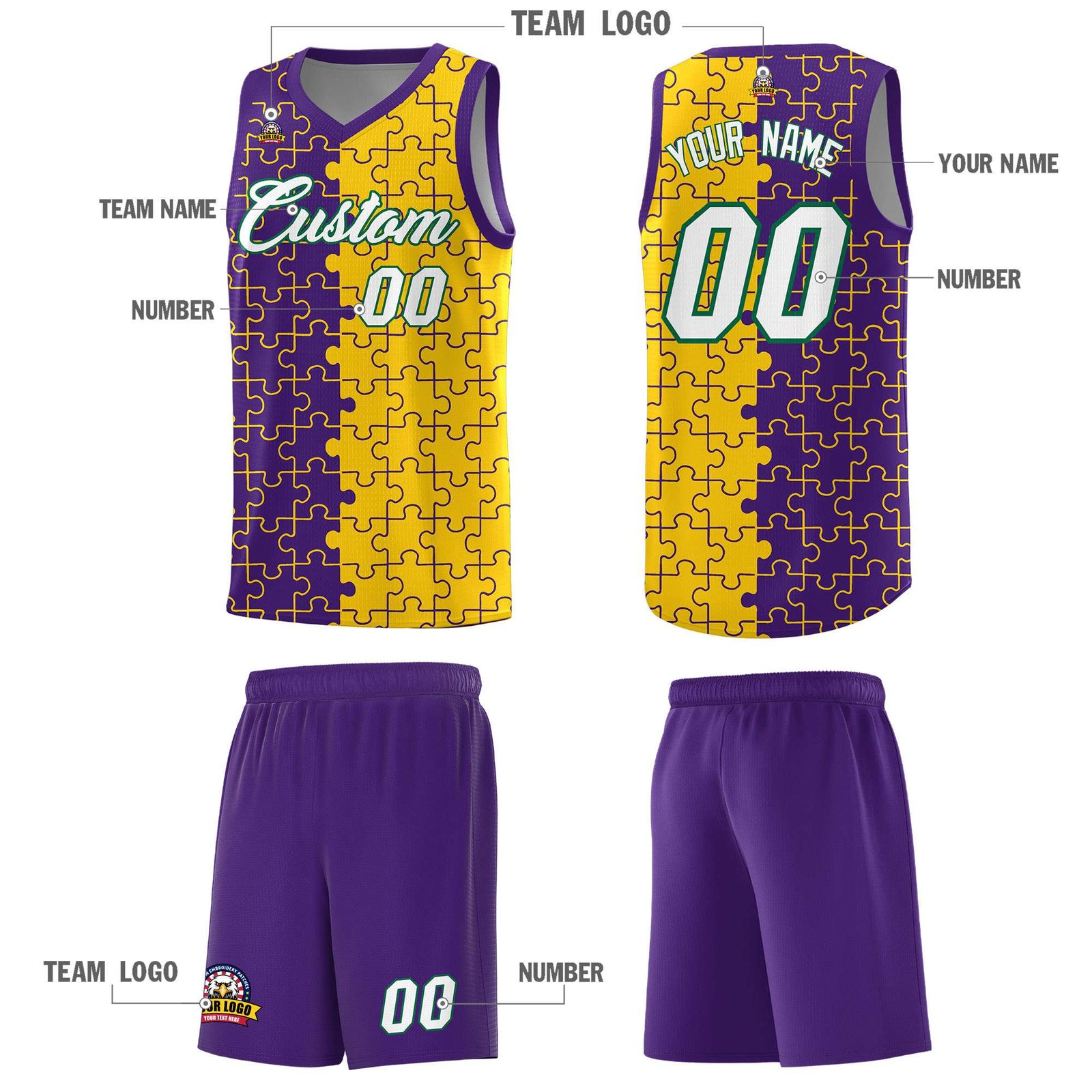 Custom Purple Gold Splid Basketball Kits With Puzzle Pattern