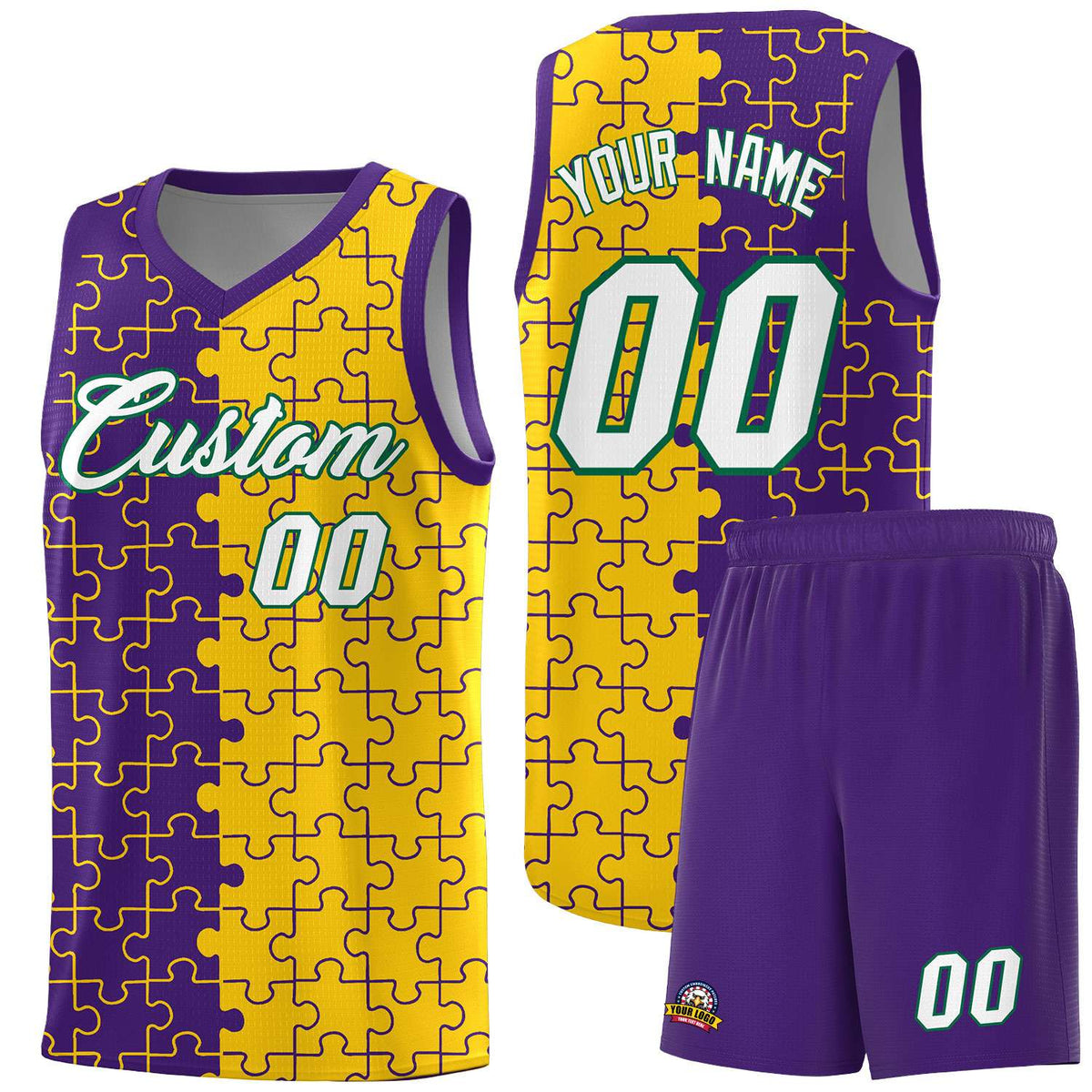 Custom Purple Gold Splid Basketball Kits With Puzzle Pattern