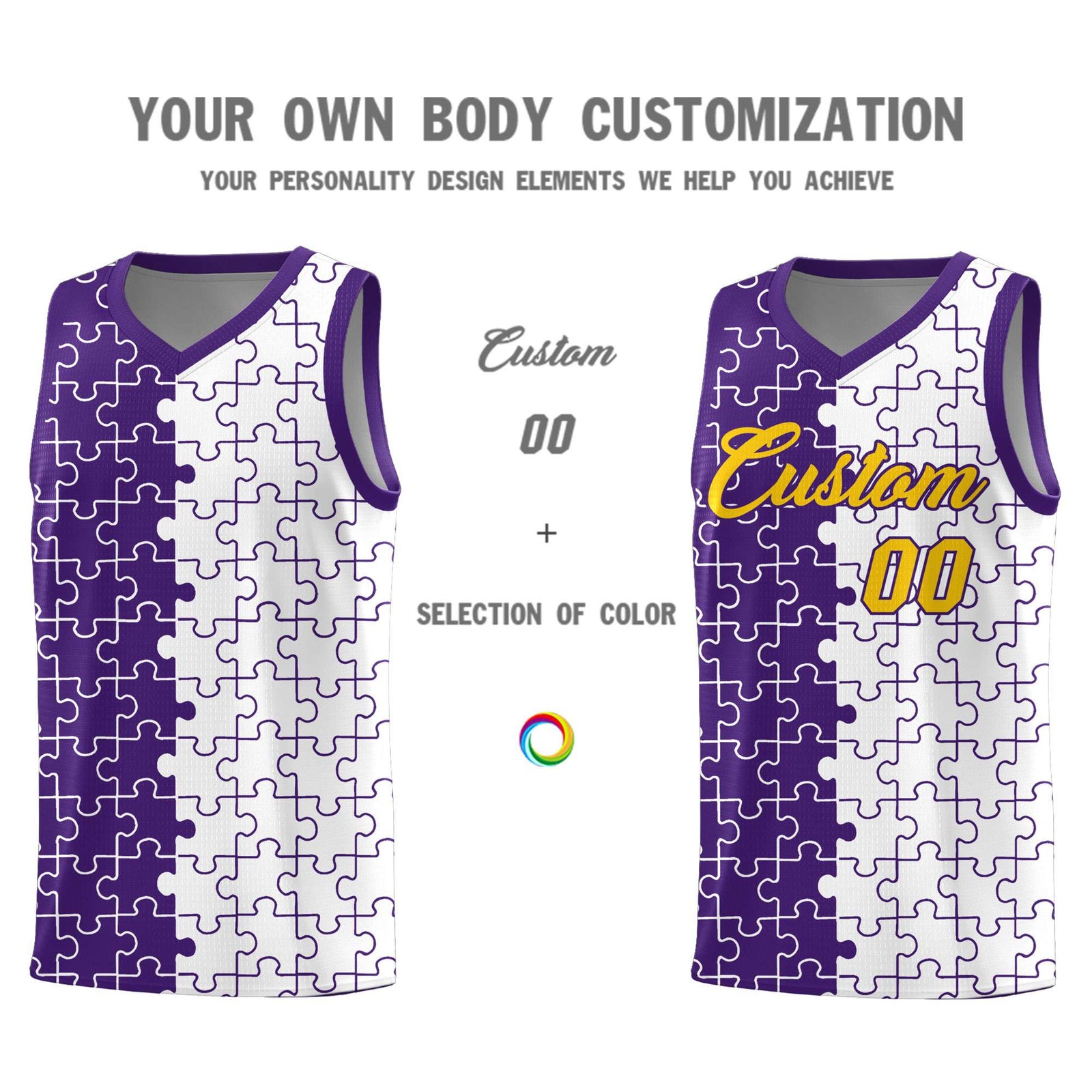 Custom Purple White Splid Basketball Kits With Puzzle Pattern