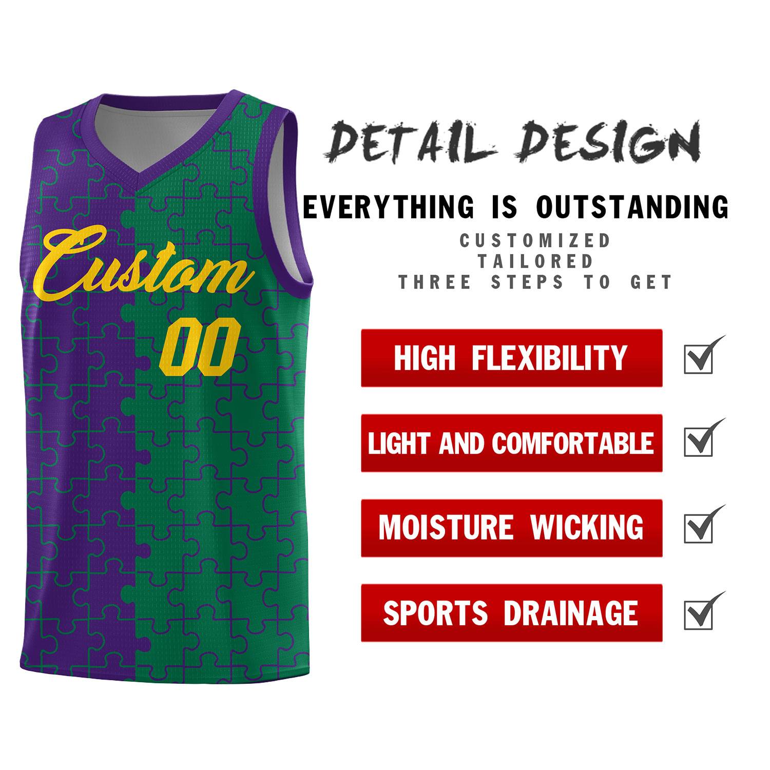 Custom Purple Kelly Green Splid Basketball Kits With Puzzle Pattern