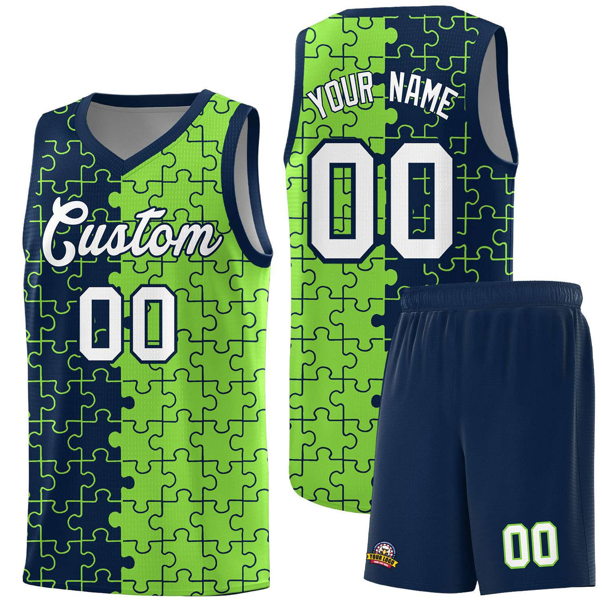 Custom Navy Fluorescent Green Basketball Jersey