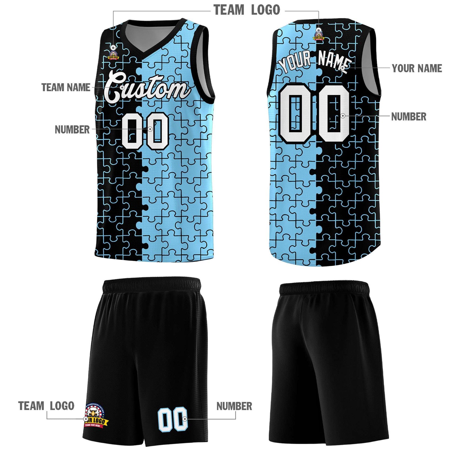 Custom Black Light Blue Basketball Jersey