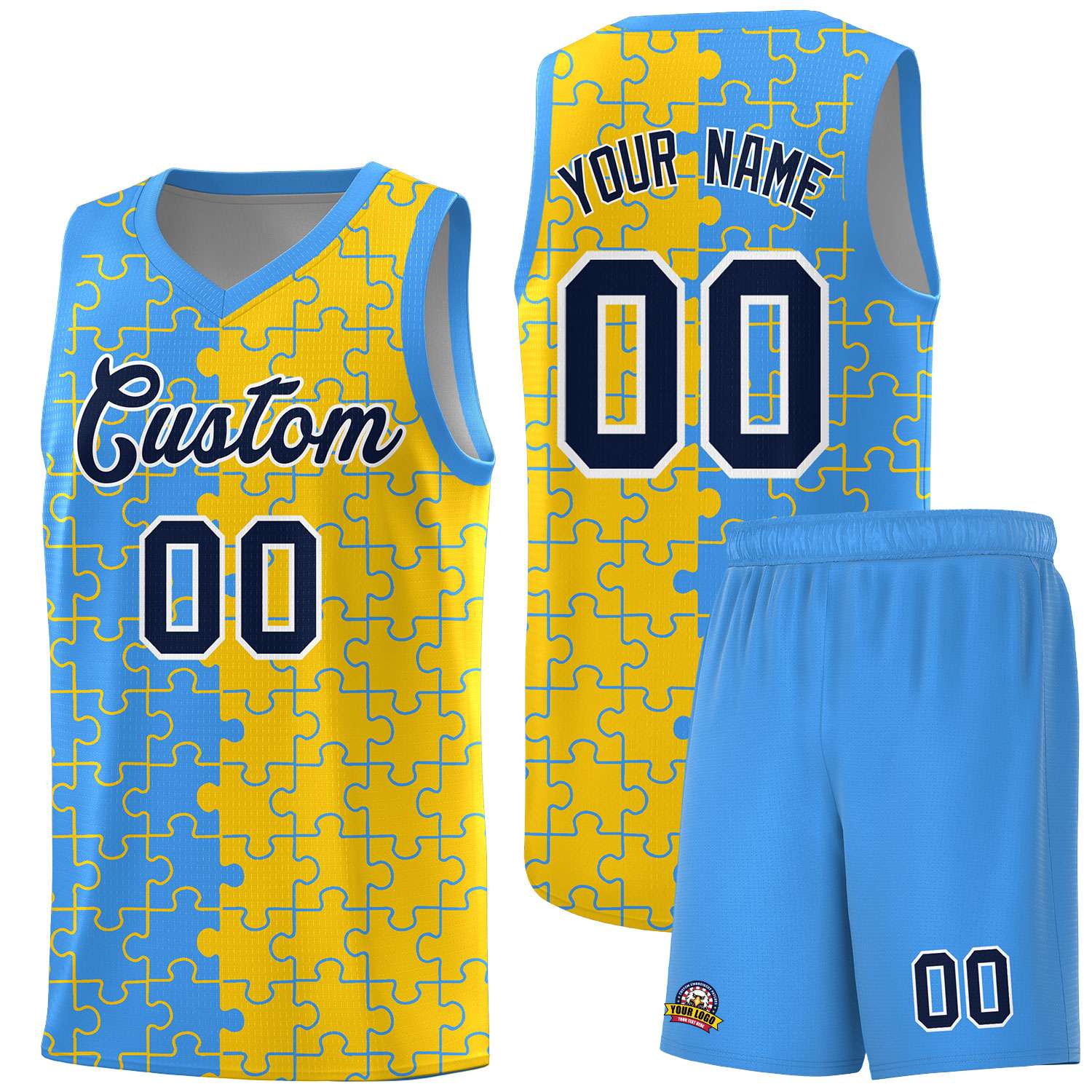 Custom Light Blue Gold Basketball Jersey