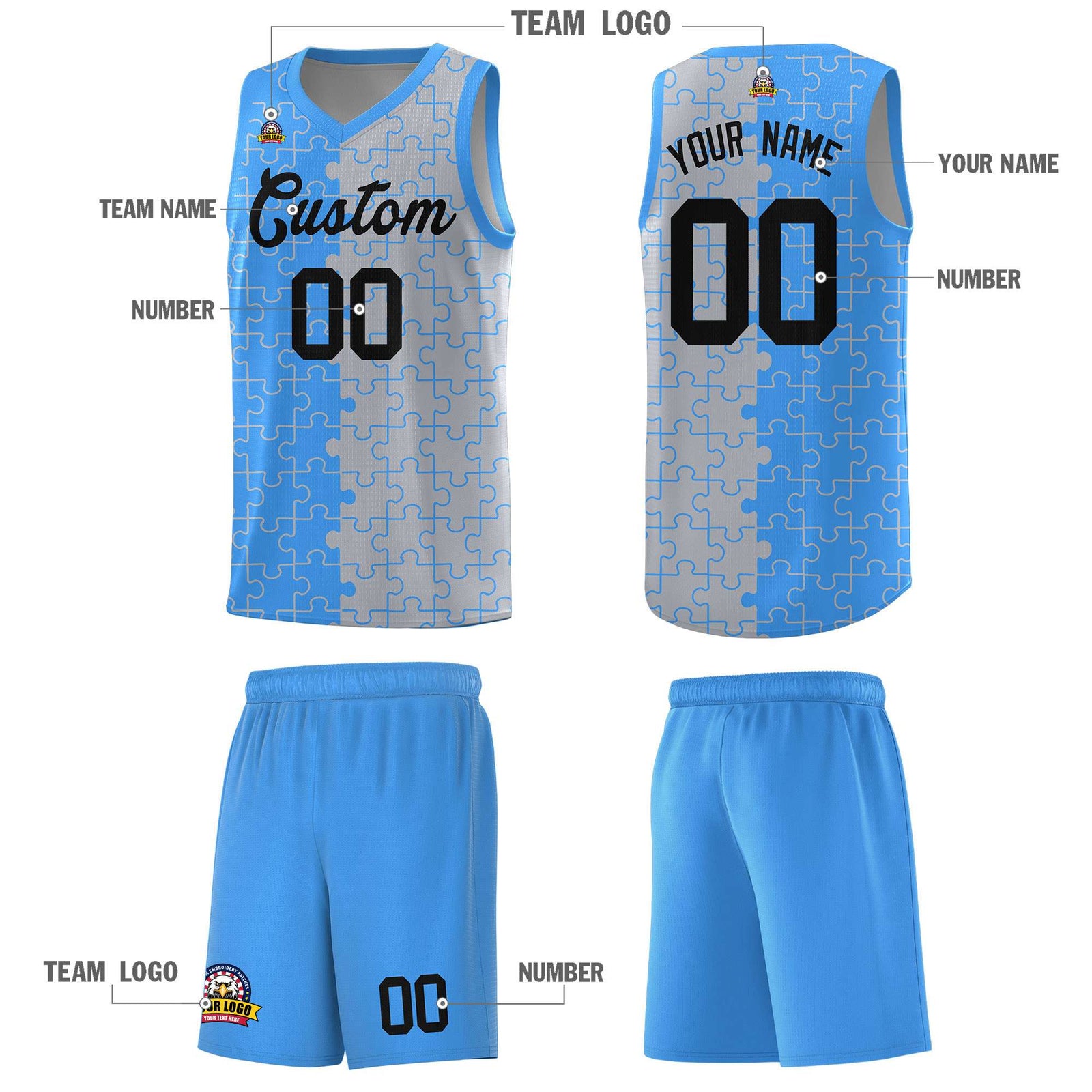 Custom Light Blue Gray Basketball Jersey