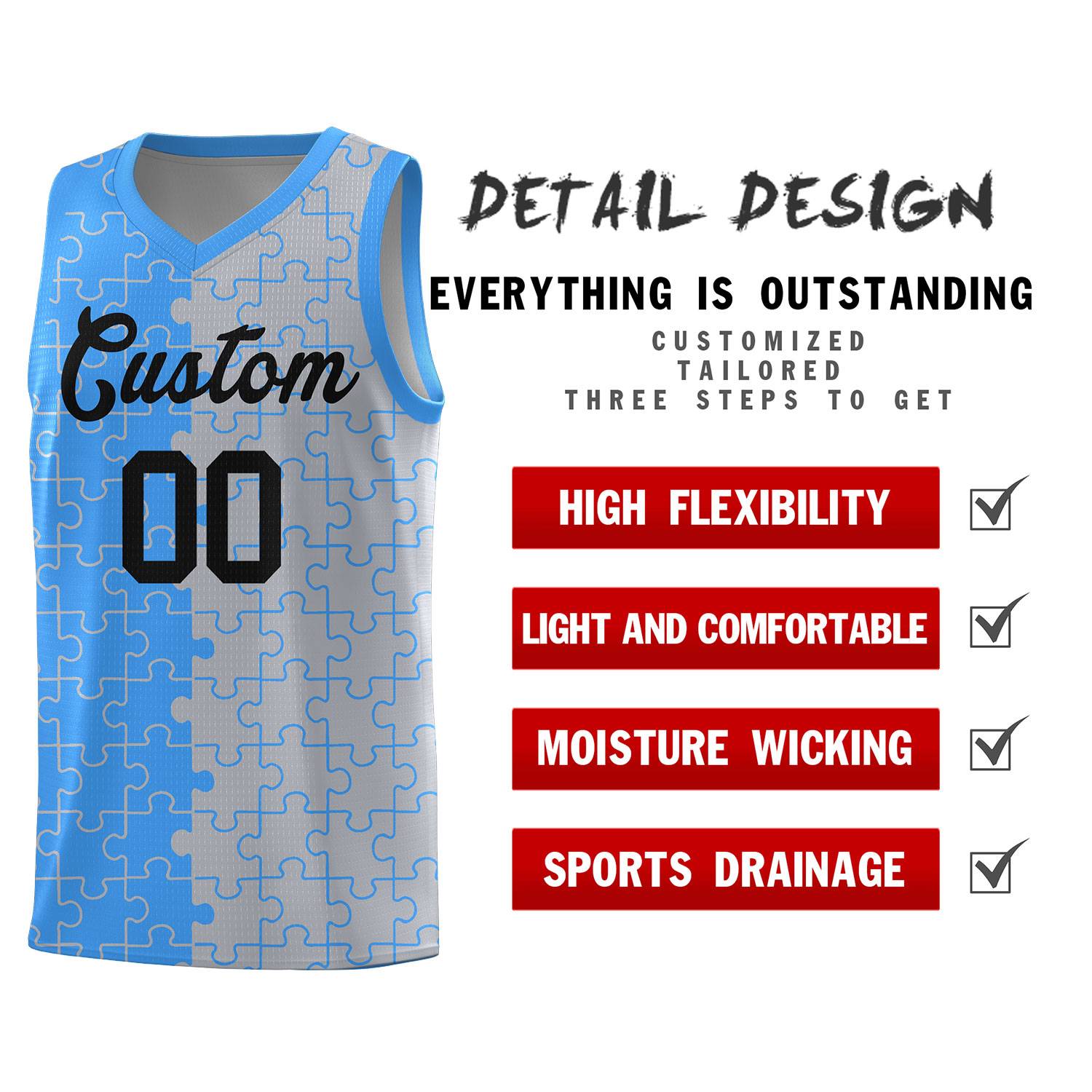Custom Light Blue Gray Basketball Jersey