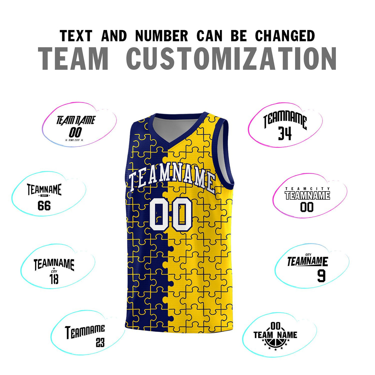 Custom Navy Gold Splid Basketball Kits With Puzzle Pattern