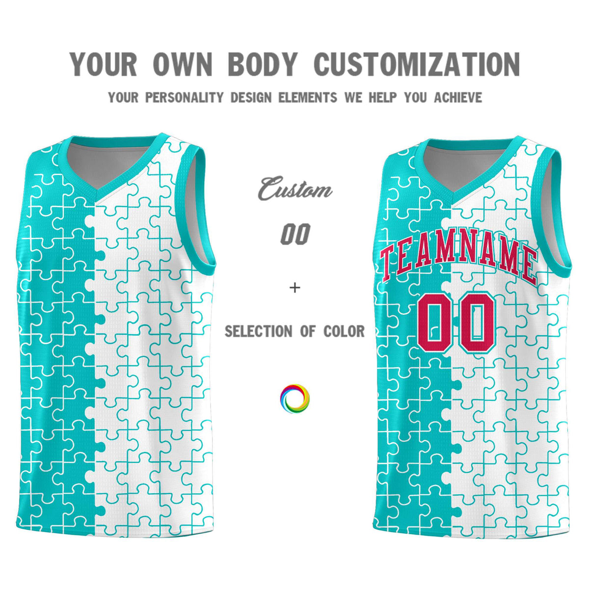 Custom Aqua White Splid Basketball Kits With Puzzle Pattern