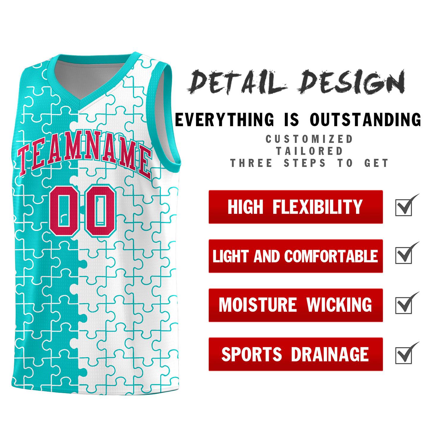 Custom Aqua White Splid Basketball Kits With Puzzle Pattern