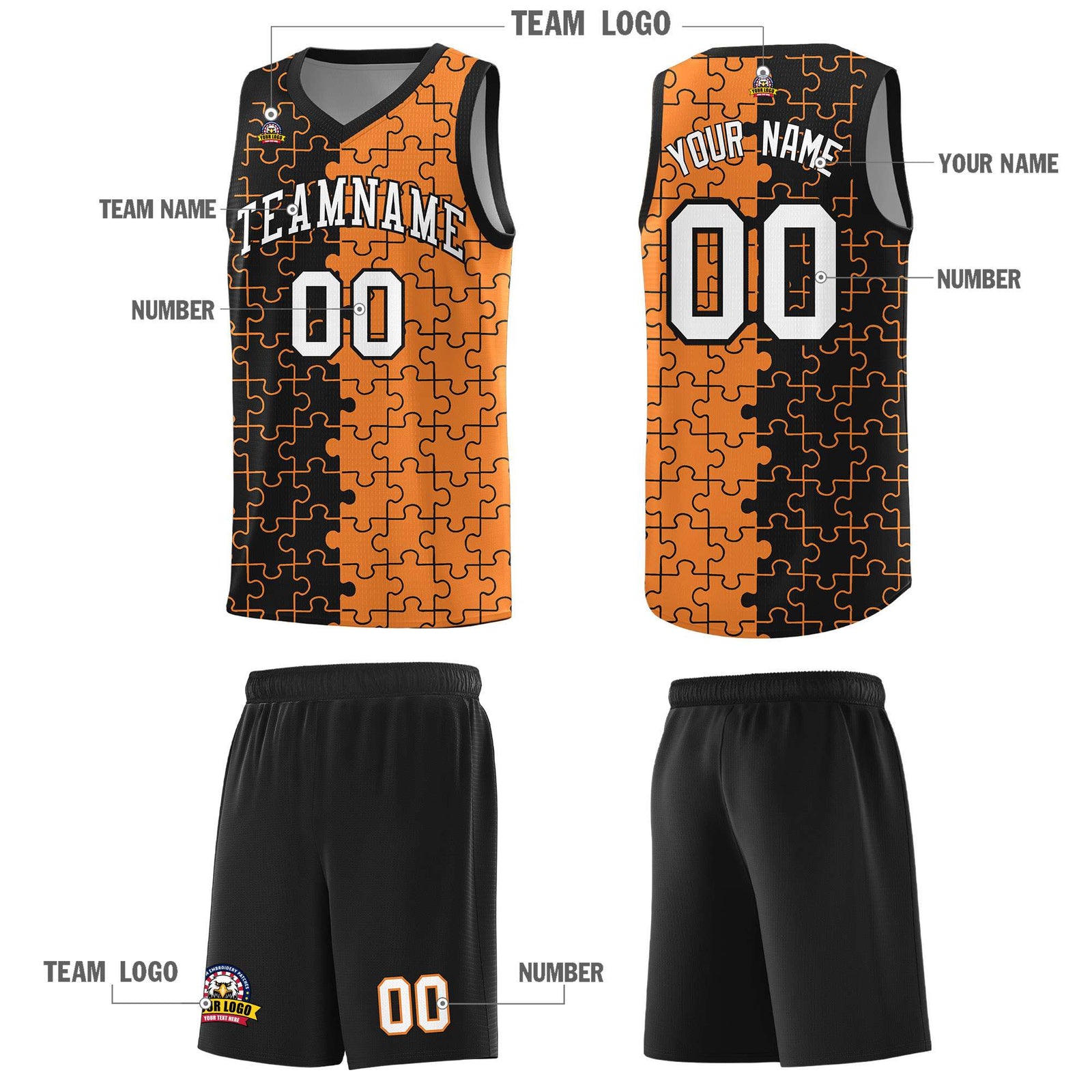 Custom Black Gold Orange Splid Basketball Kits With Puzzle Pattern