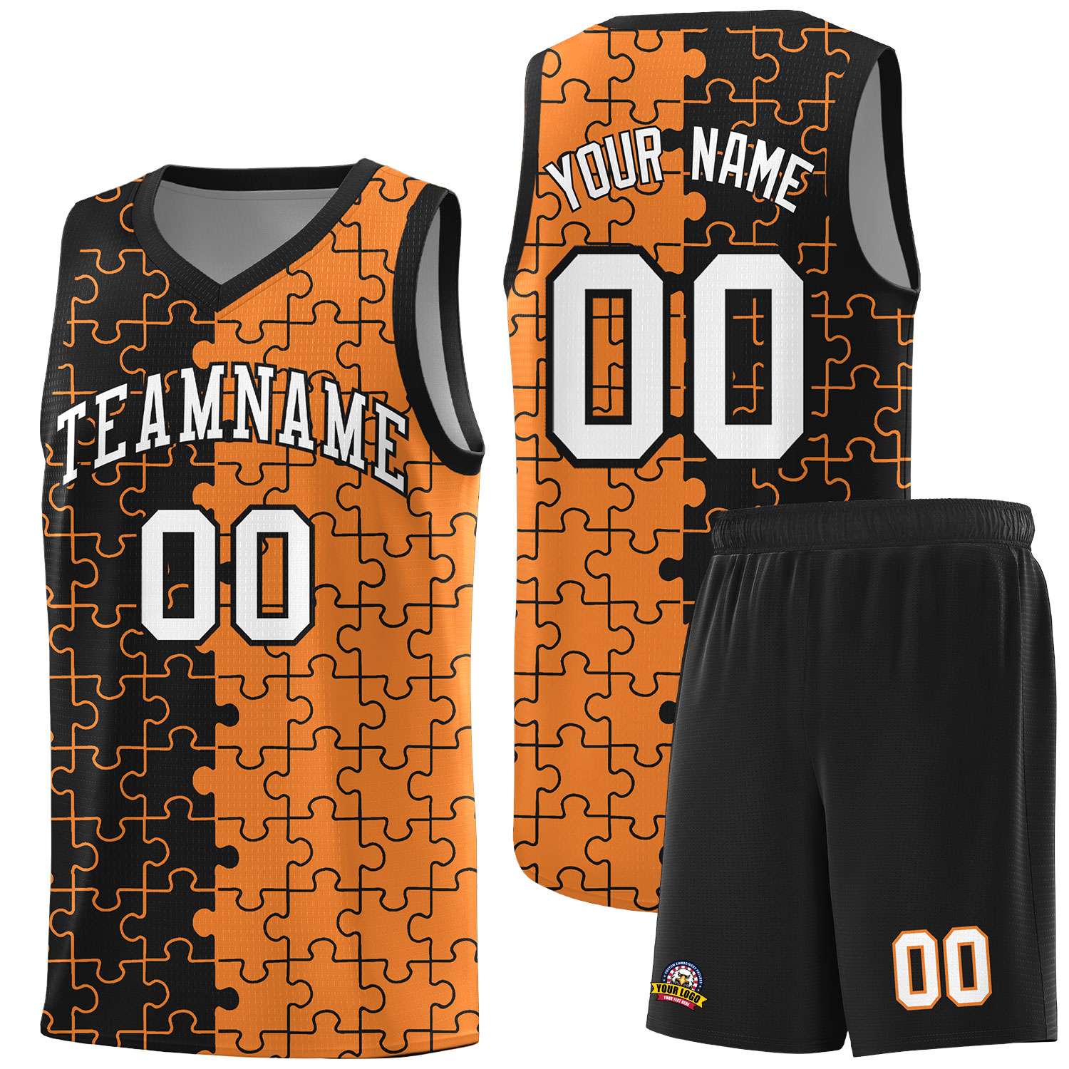 Custom Black Gold Orange Splid Basketball Kits With Puzzle Pattern