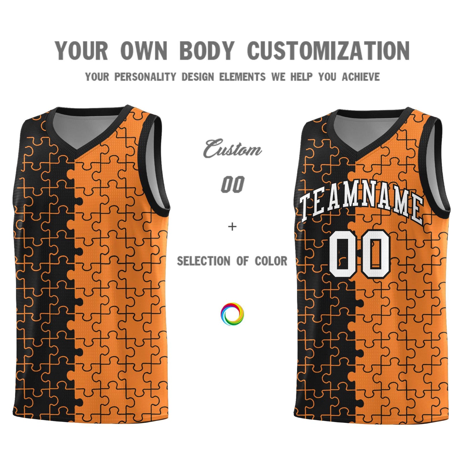 Custom Black Gold Orange Splid Basketball Kits With Puzzle Pattern