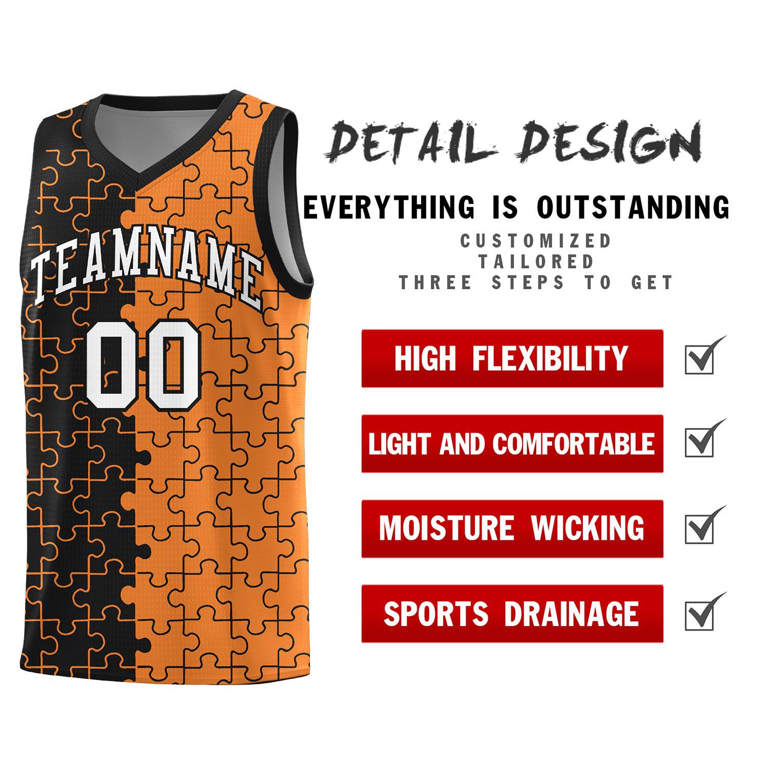 Custom Black Gold Orange Splid Basketball Kits With Puzzle Pattern