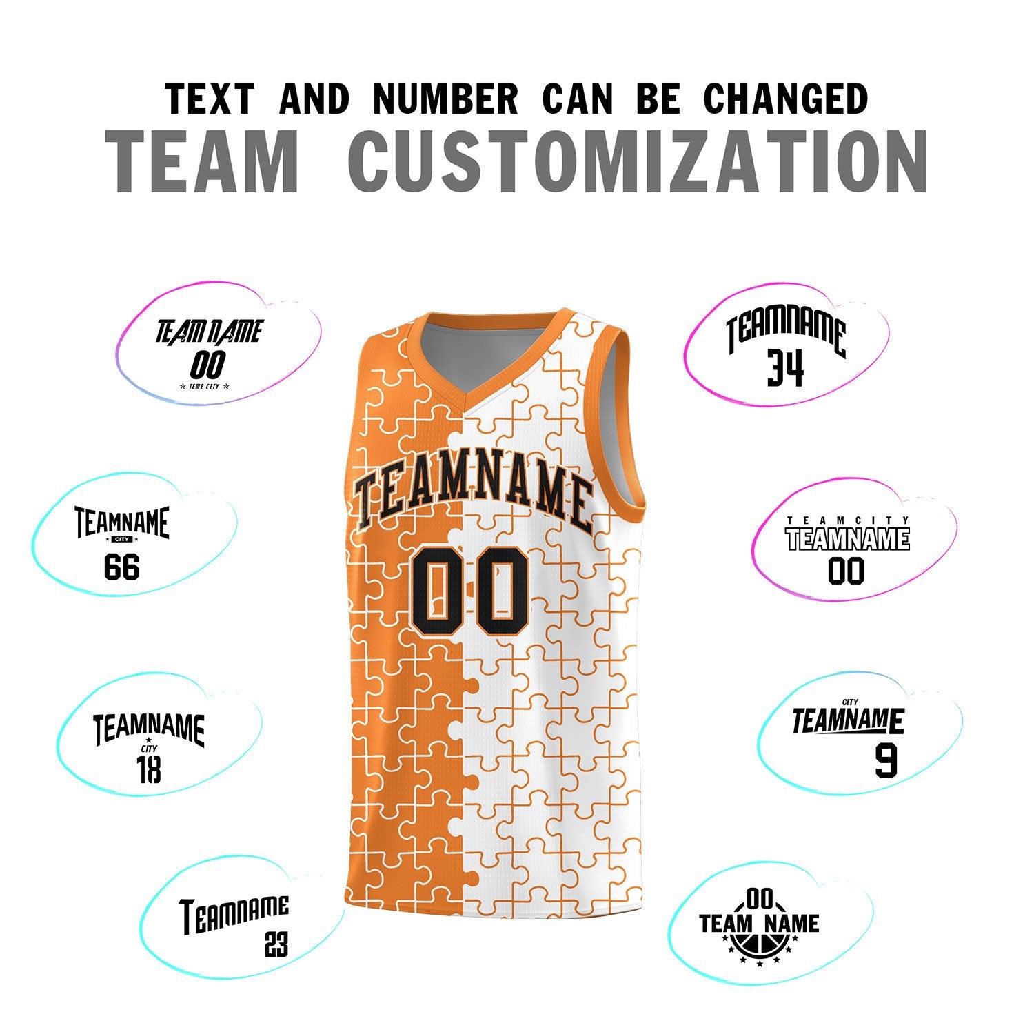 Custom Gold Orange White Splid Basketball Kits With Puzzle Pattern