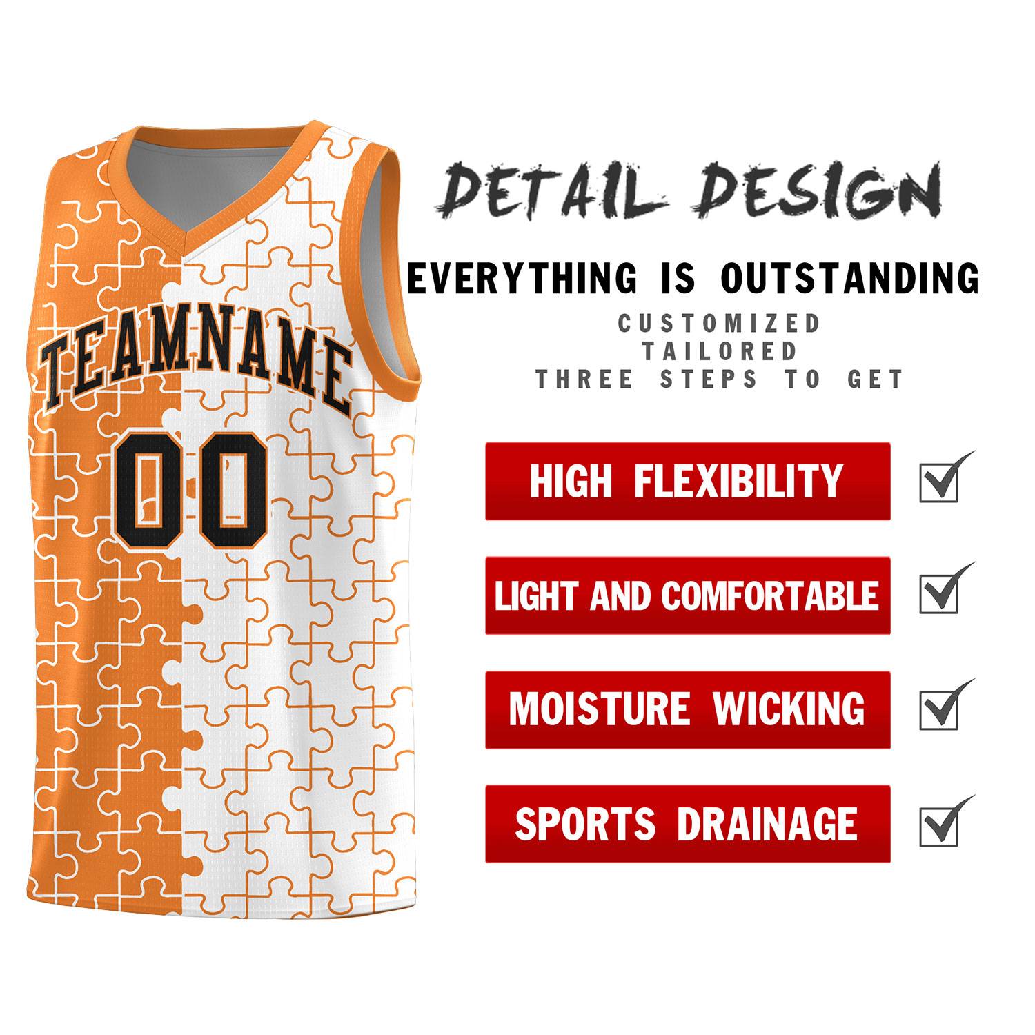 Custom Gold Orange White Splid Basketball Kits With Puzzle Pattern