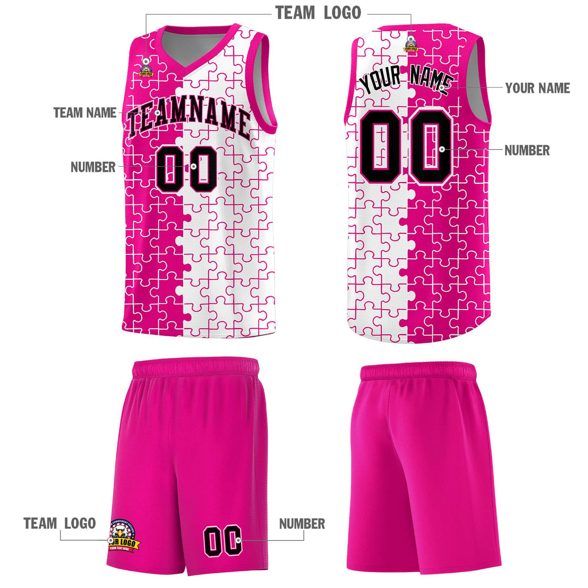 Custom Rose Red White Splid Basketball Kits With Puzzle Pattern