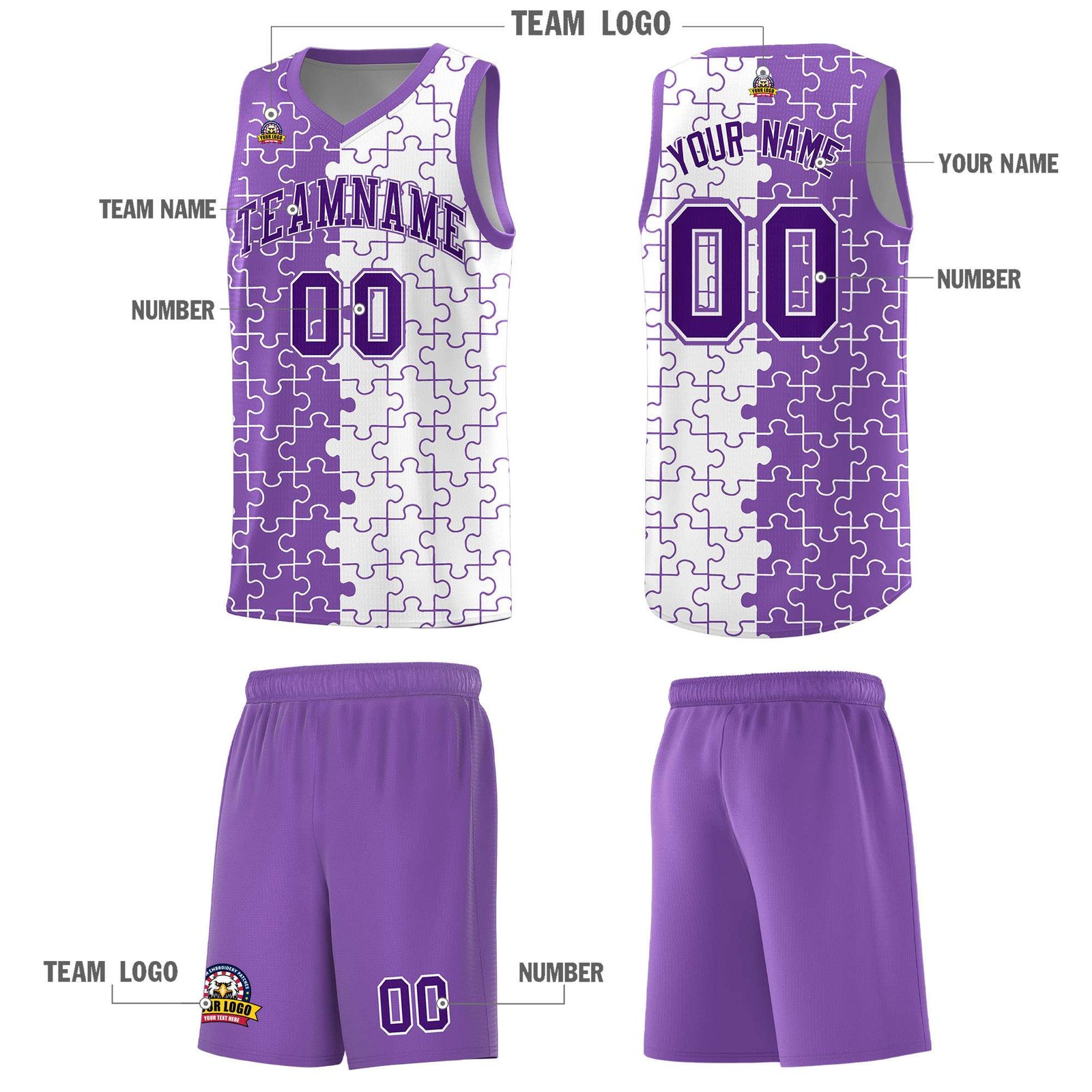 Custom Light Purple White Splid Basketball Kits With Puzzle Pattern