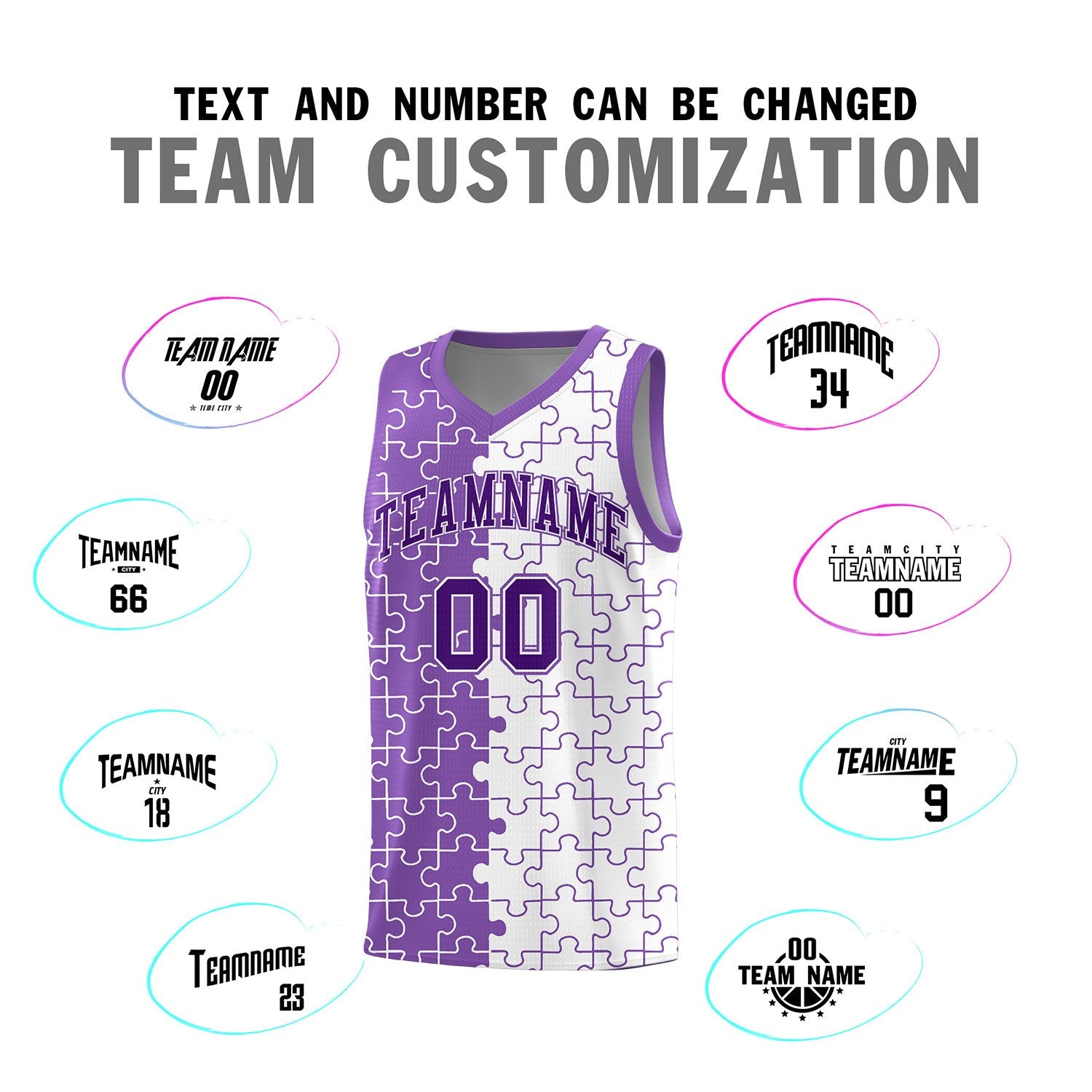 Custom Light Purple White Splid Basketball Kits With Puzzle Pattern