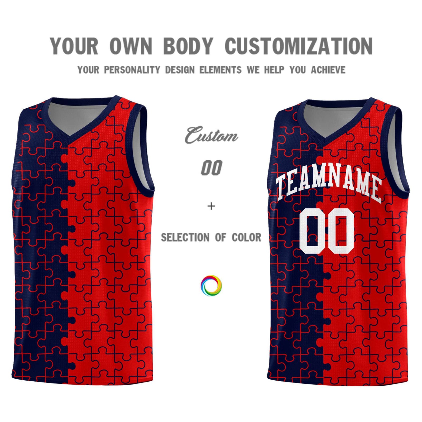 Custom Navy Red Splid Basketball Kits With Puzzle Pattern