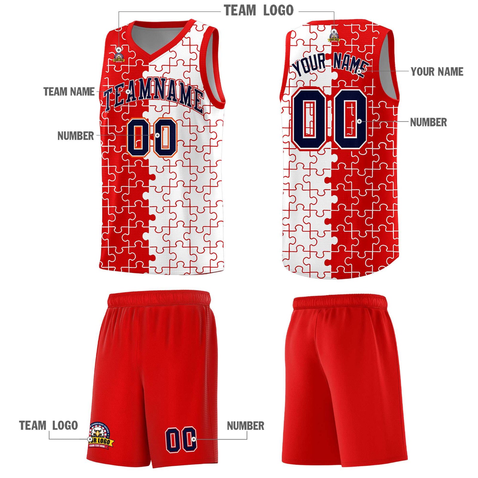 Custom Red White Splid Basketball Kits With Puzzle Pattern