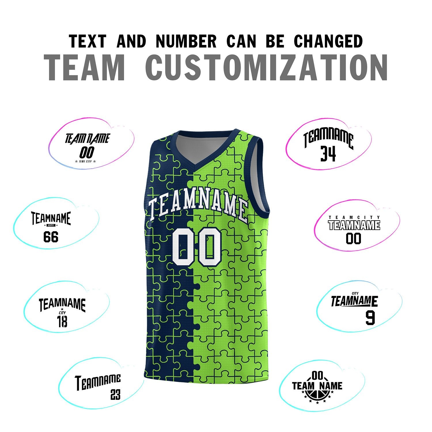 Custom Navy Neon Green Splid Basketball Kits With Puzzle Pattern