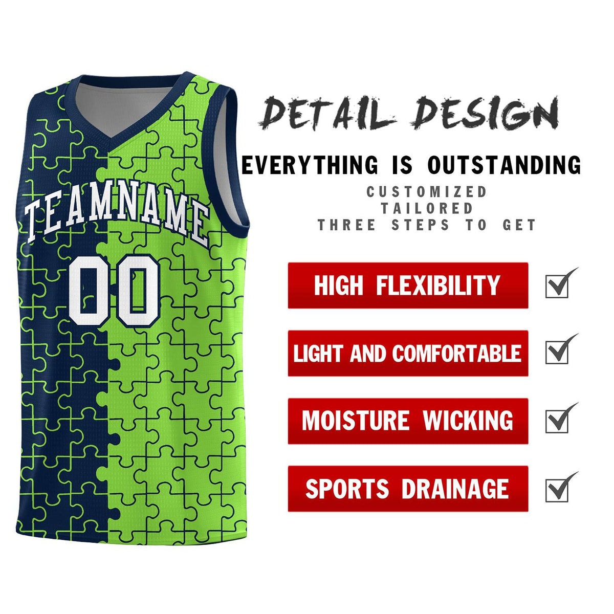 Custom Navy Neon Green Splid Basketball Kits With Puzzle Pattern