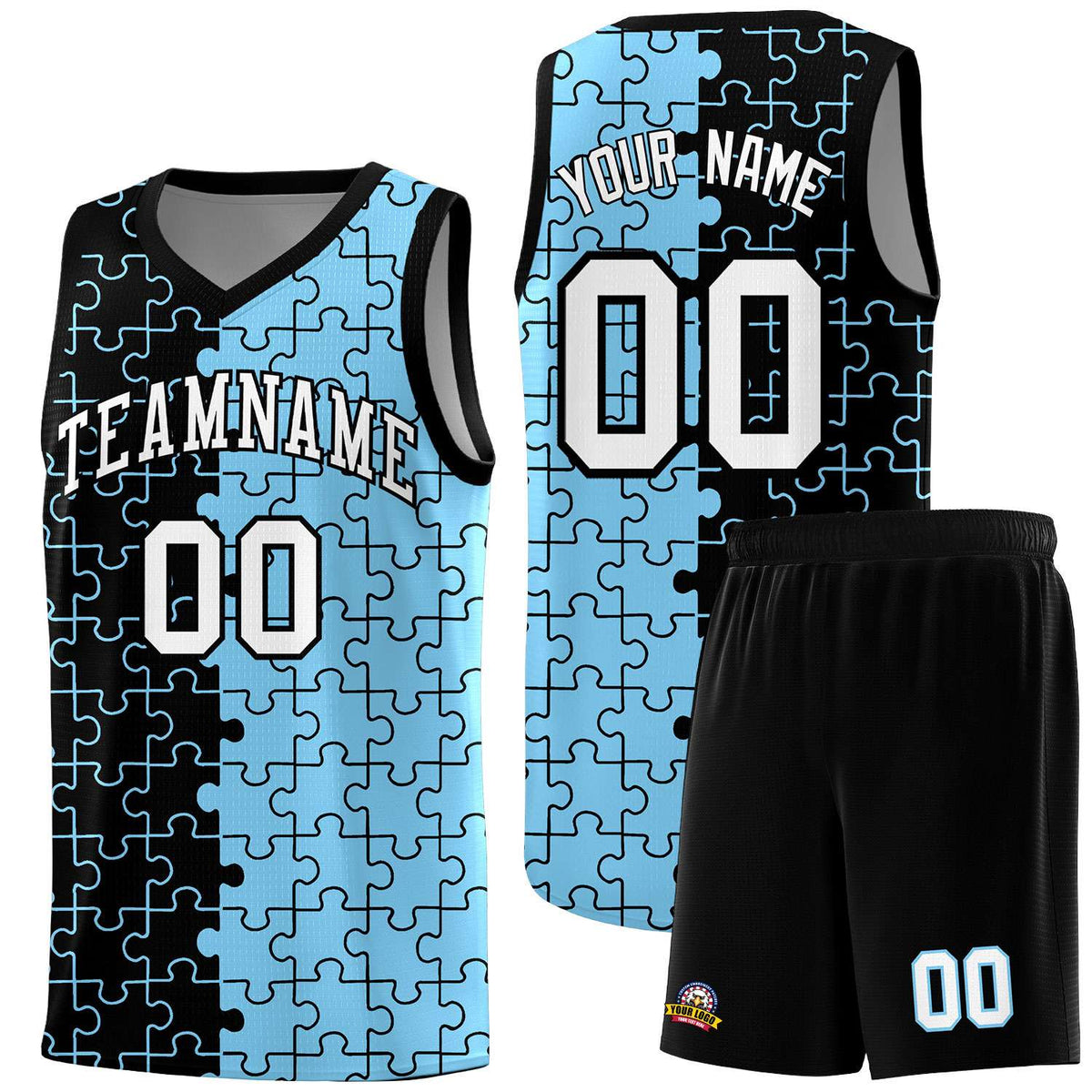 Custom Black Powder Blue Splid Basketball Kits With Puzzle Pattern