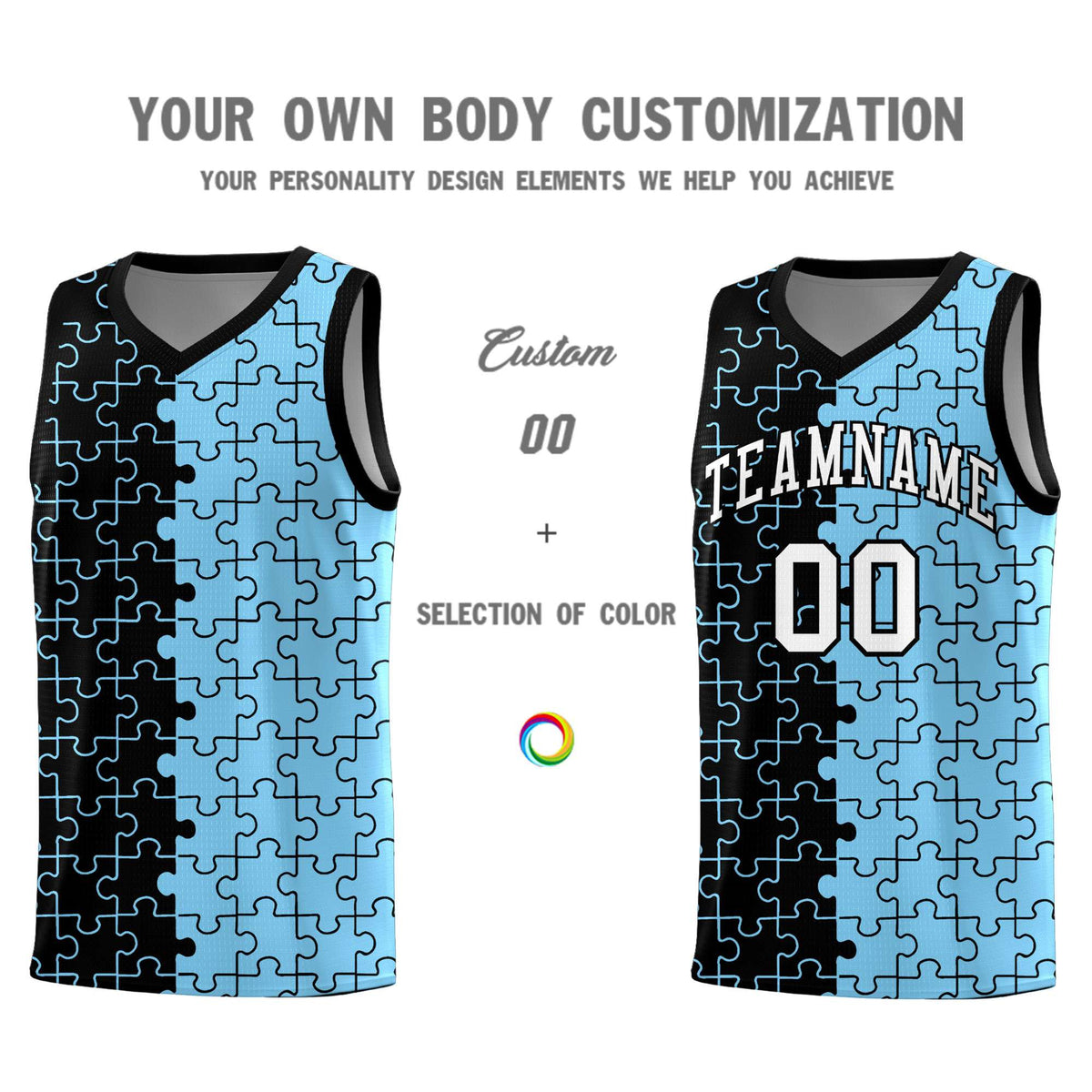 Custom Black Powder Blue Splid Basketball Kits With Puzzle Pattern