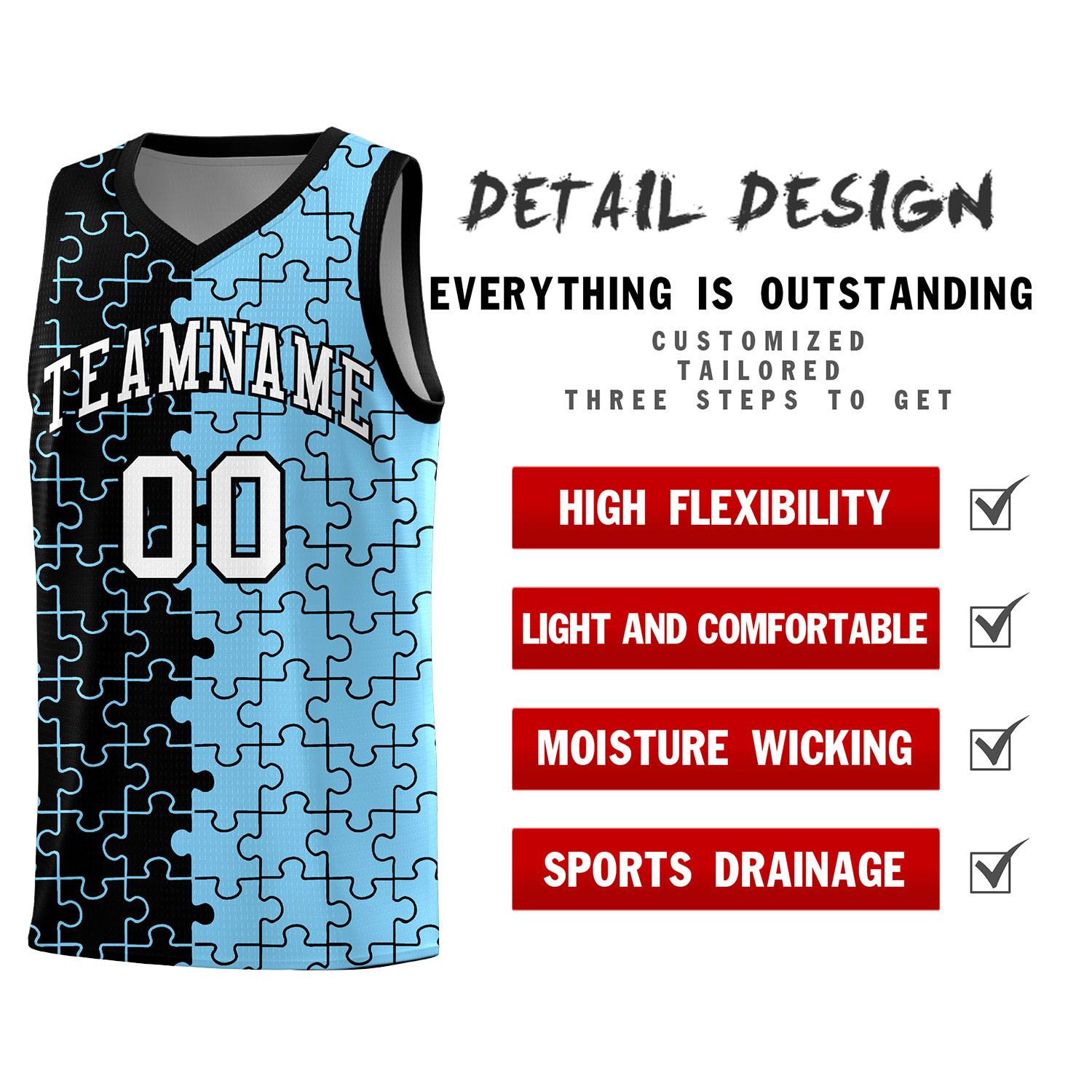 Custom Black Powder Blue Splid Basketball Kits With Puzzle Pattern