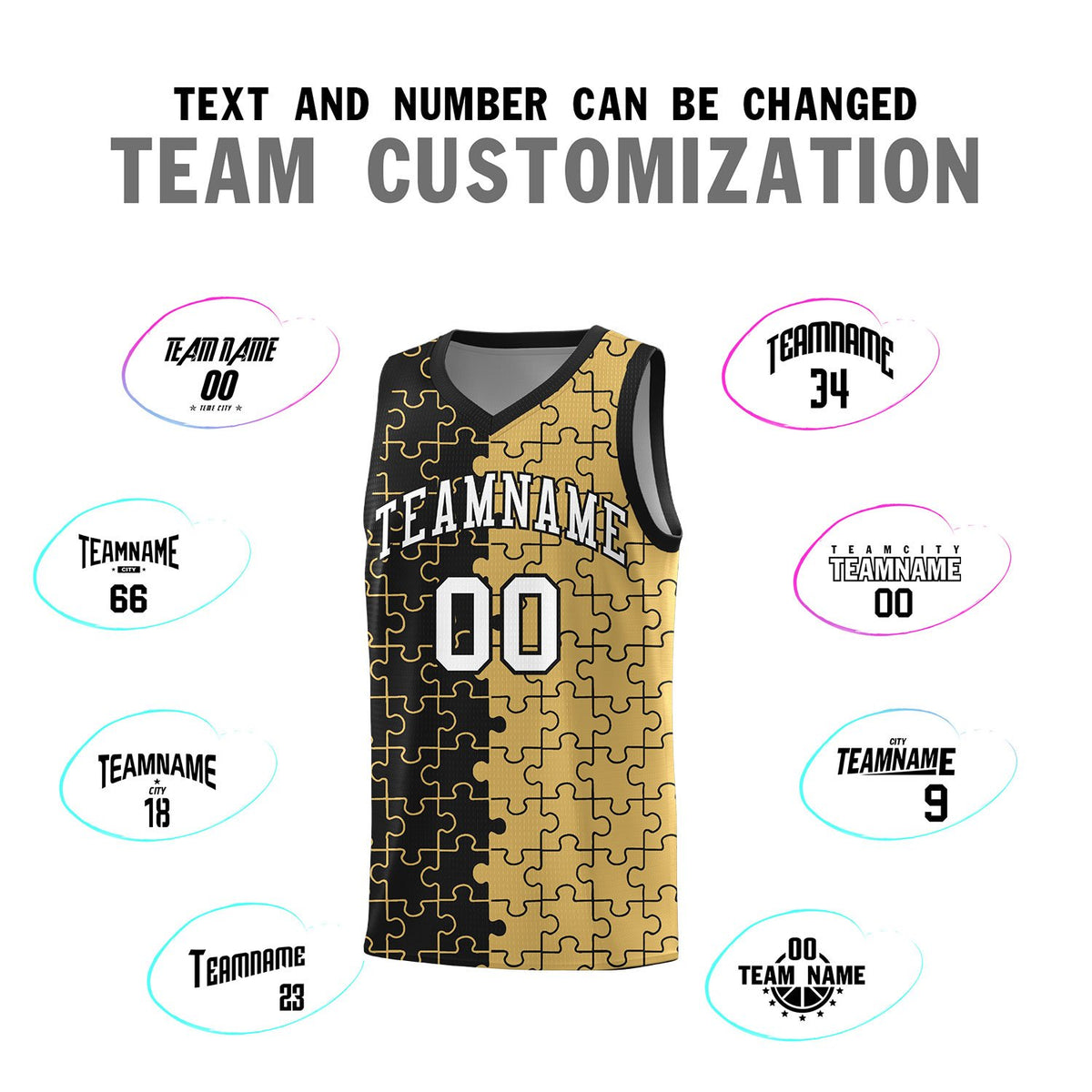 Custom Black Old Gold Splid Basketball Kits With Puzzle Pattern