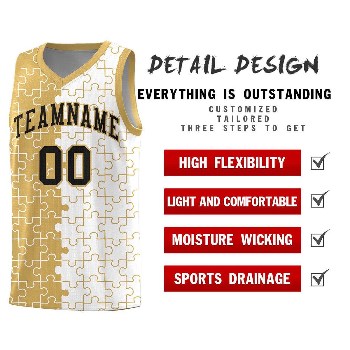 Custom Old Gold White Splid Basketball Kits With Puzzle Pattern