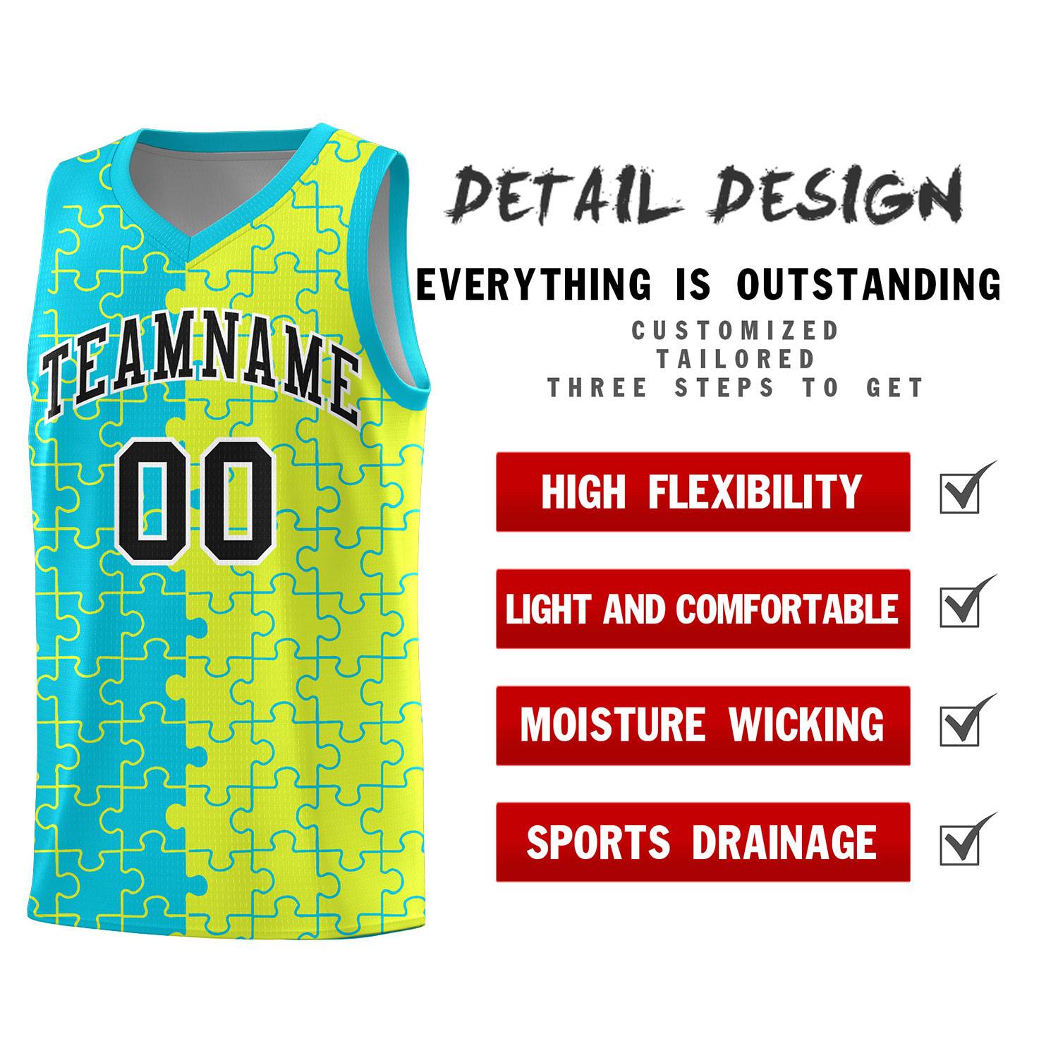 Custom Sky Blue Fluorescent Green Splid Basketball Kits With Puzzle Pattern