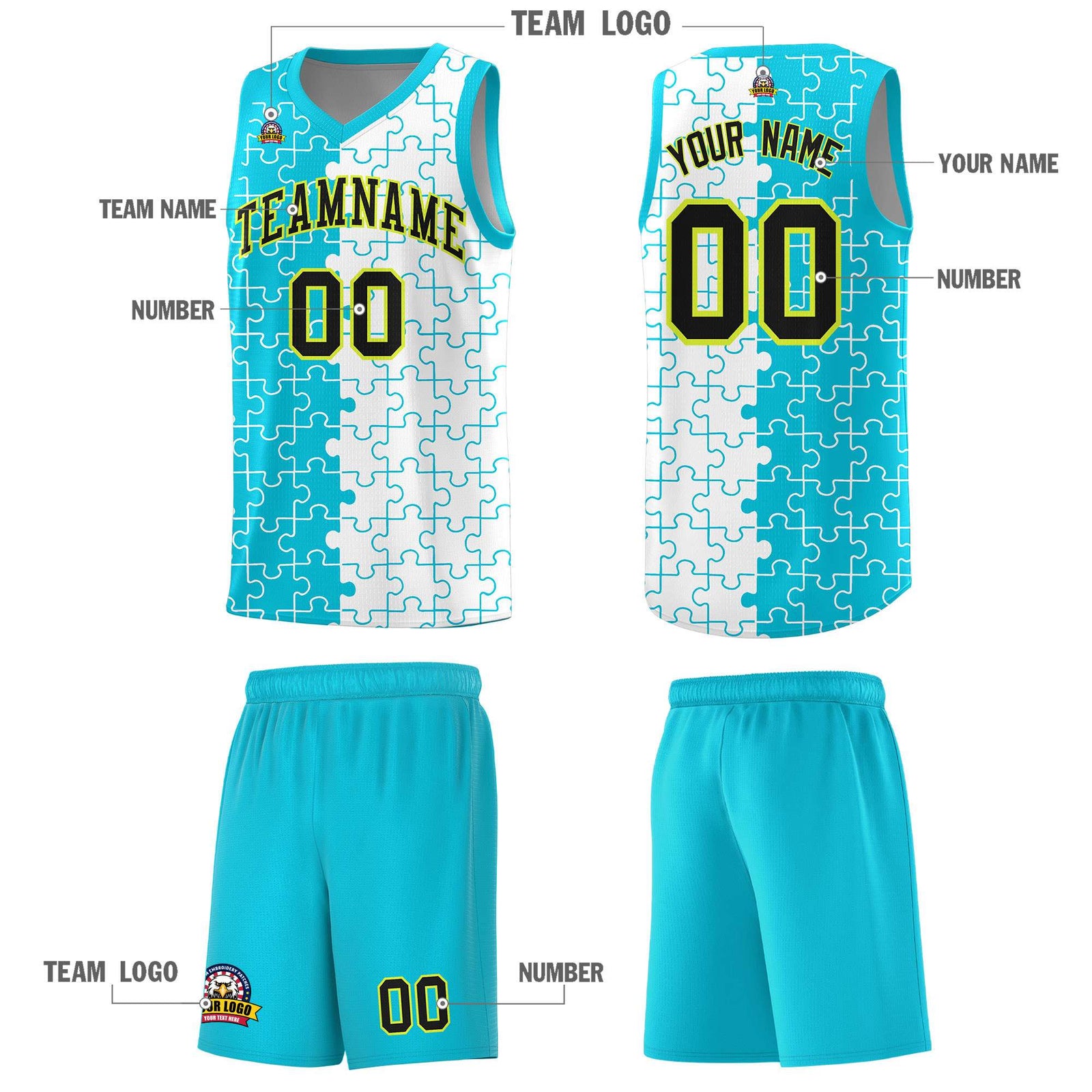 Custom Sky Blue White Splid Basketball Kits With Puzzle Pattern