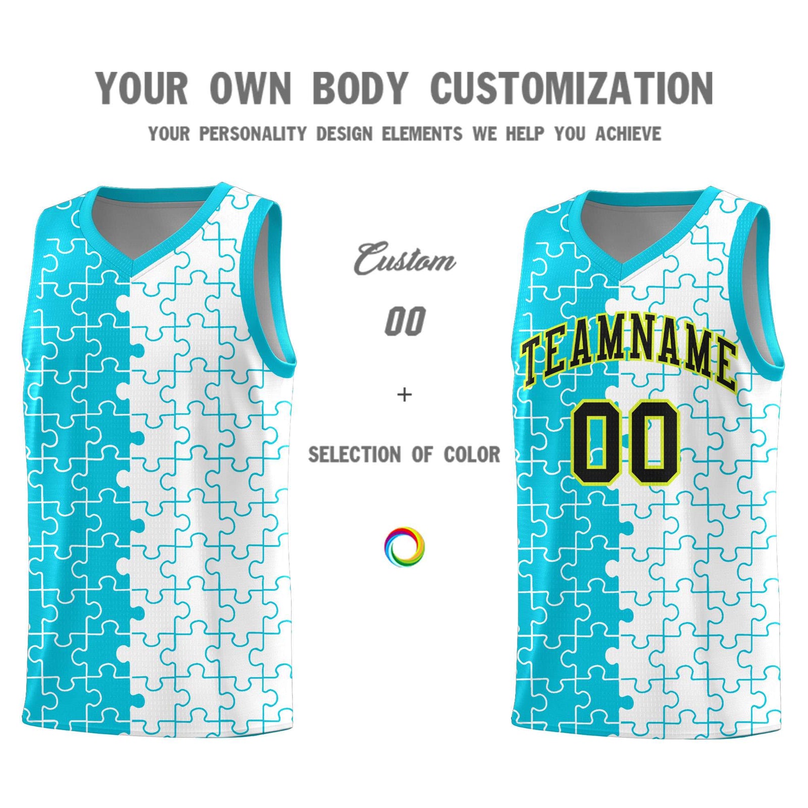 Custom Sky Blue White Splid Basketball Kits With Puzzle Pattern